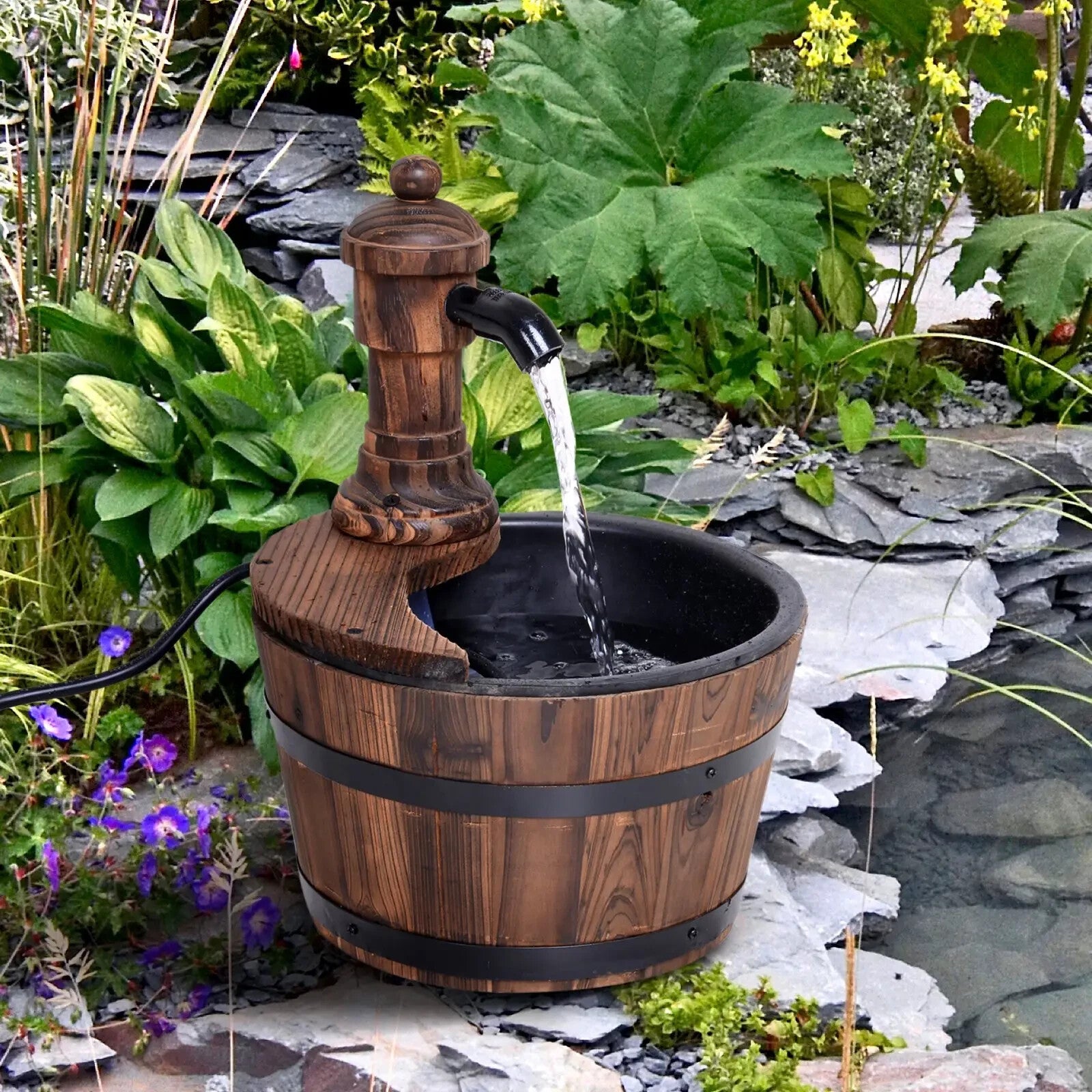 Water Fountain Water Feature Round Ornament With Electric Pump Carbonized Wood - Home and Garden Furniture Shop - rustic - furniture