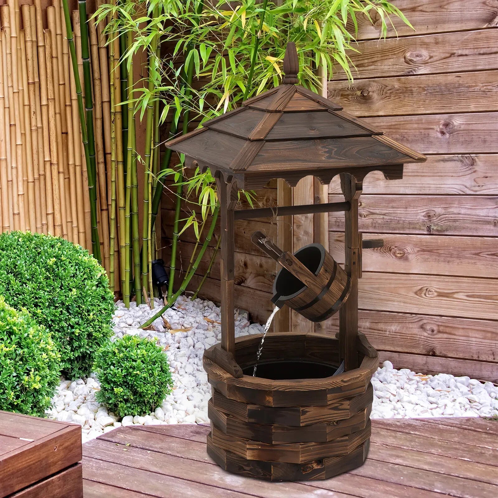 Water Fountain Wishing Well Barrel Design W/ Pump For Waterfall Carbonized Wood - Home and Garden Furniture Shop - rustic - furniture