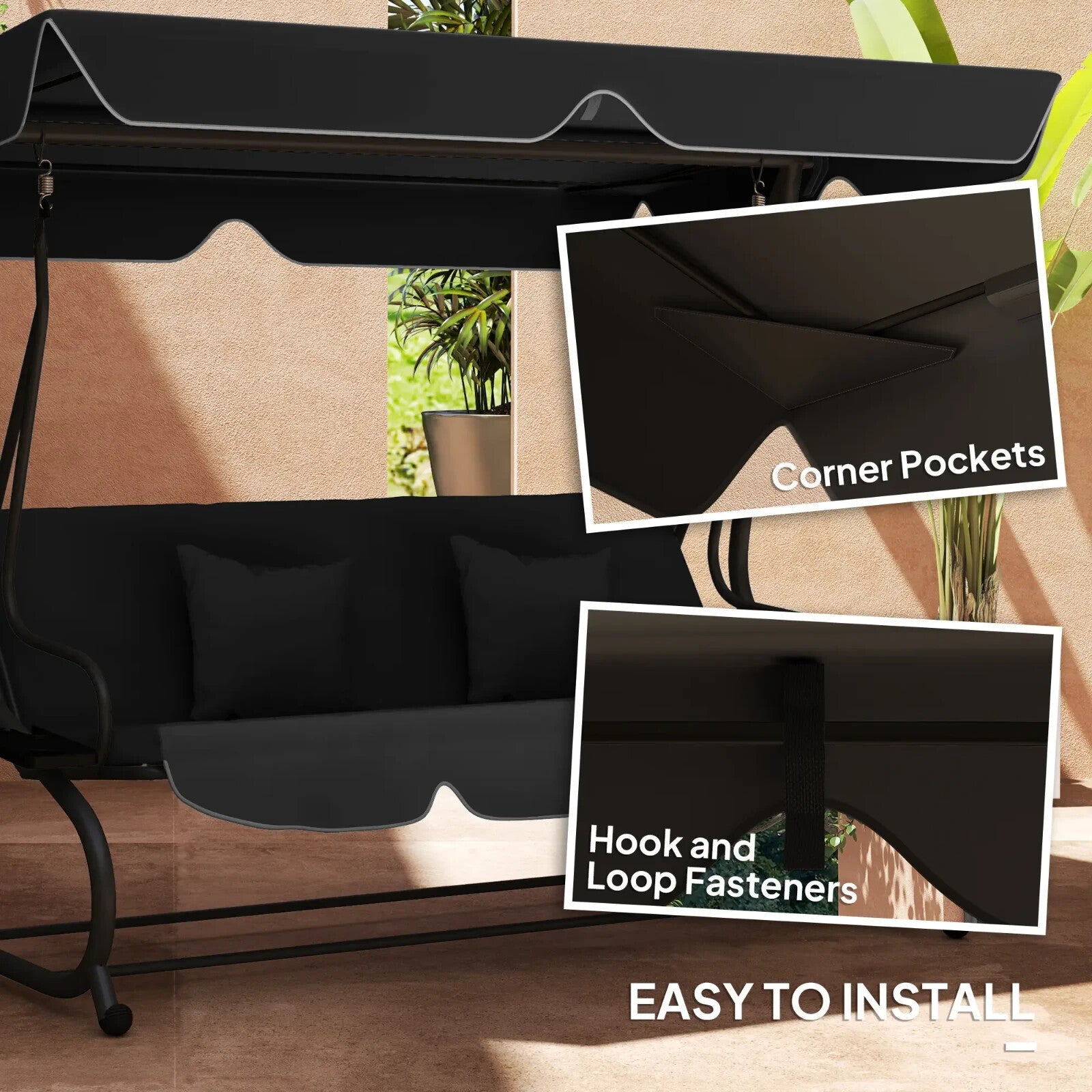 Waterproof Garden 3 Seater Swing Seat Canopy Cover Replacement for Patio, Black - Home and Garden Furniture Shop - rustic - furniture