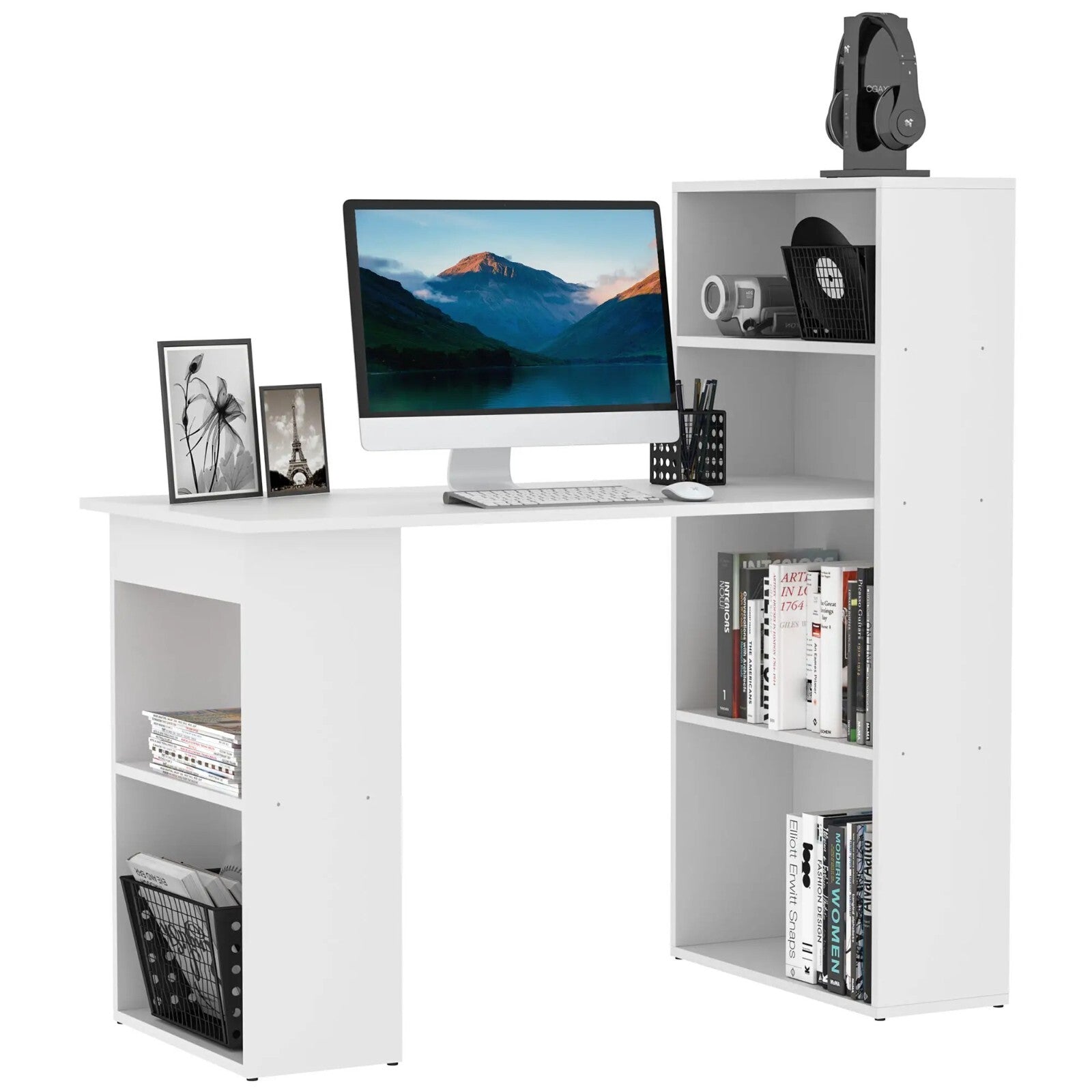 White Computer Desk 120cm Bookshelf Writing Table Study Workstation Side Shelves - Home and Garden Furniture Shop - rustic - furniture