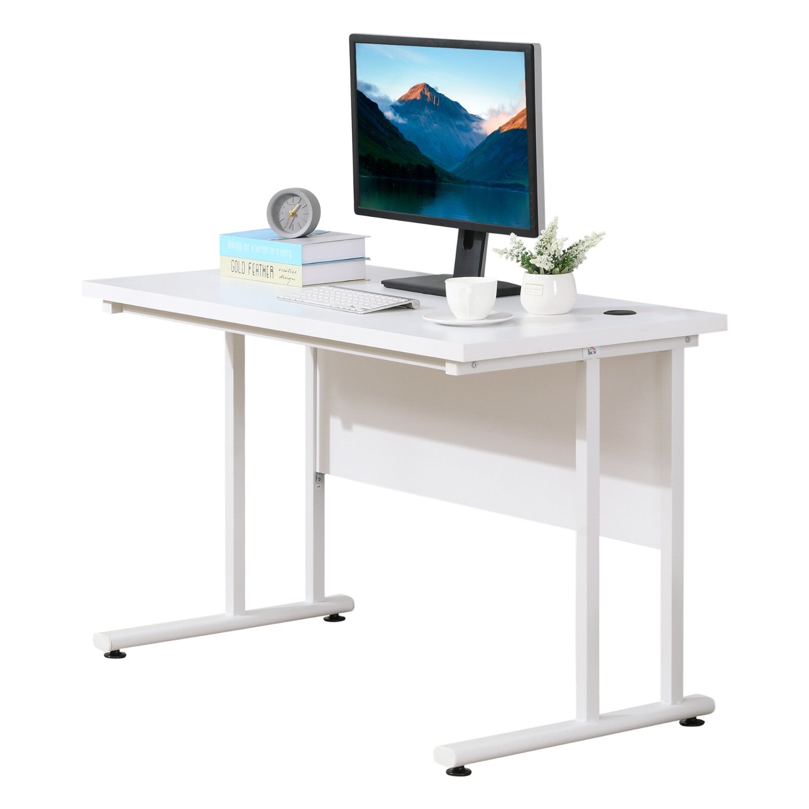 White Computer Desk 120cm Home Office Desk 2 Cable Management Holes Metal Legs - Home and Garden Furniture Shop - rustic - furniture