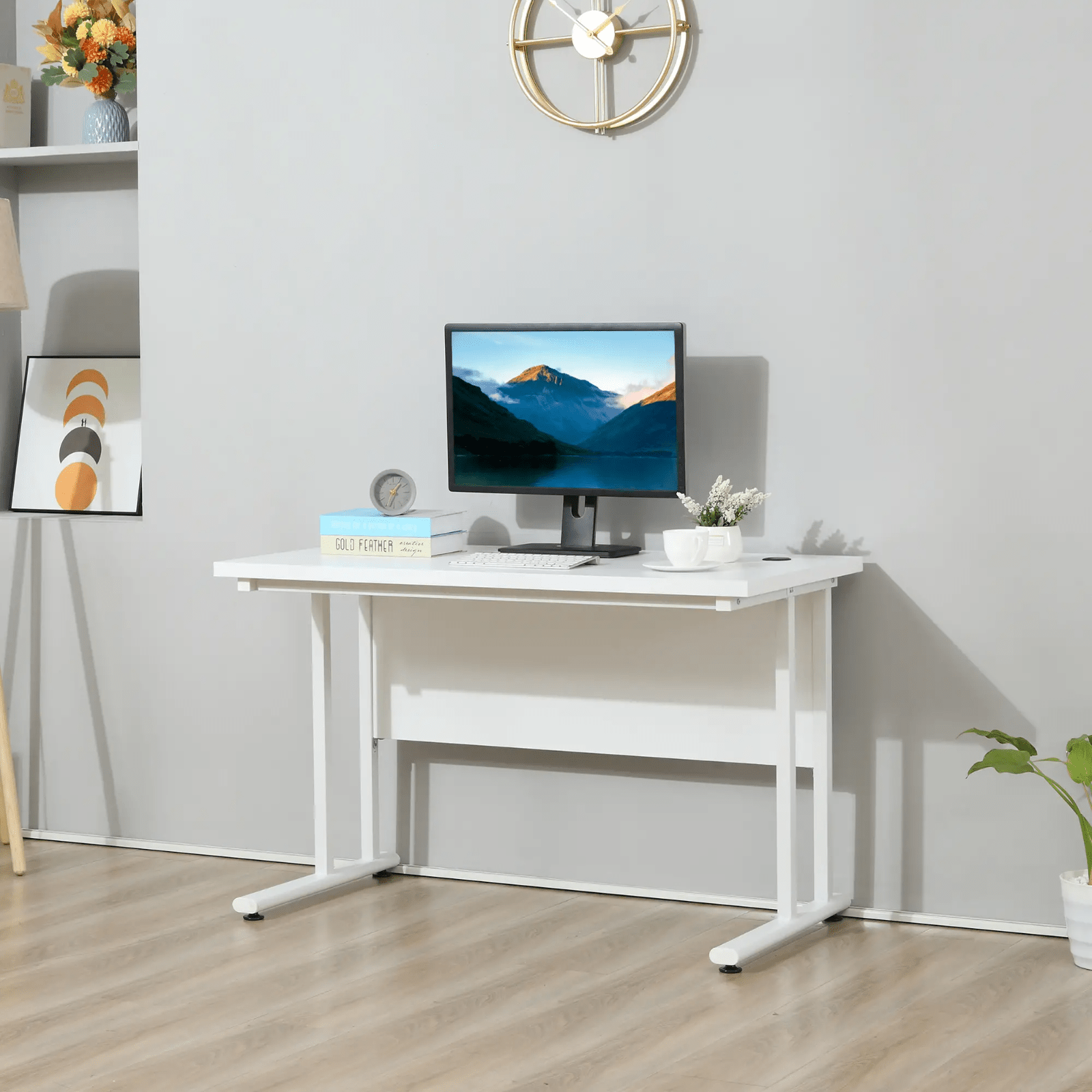 White Computer Desk 120cm Home Office Desk 2 Cable Management Holes Metal Legs - Home and Garden Furniture Shop - rustic - furniture