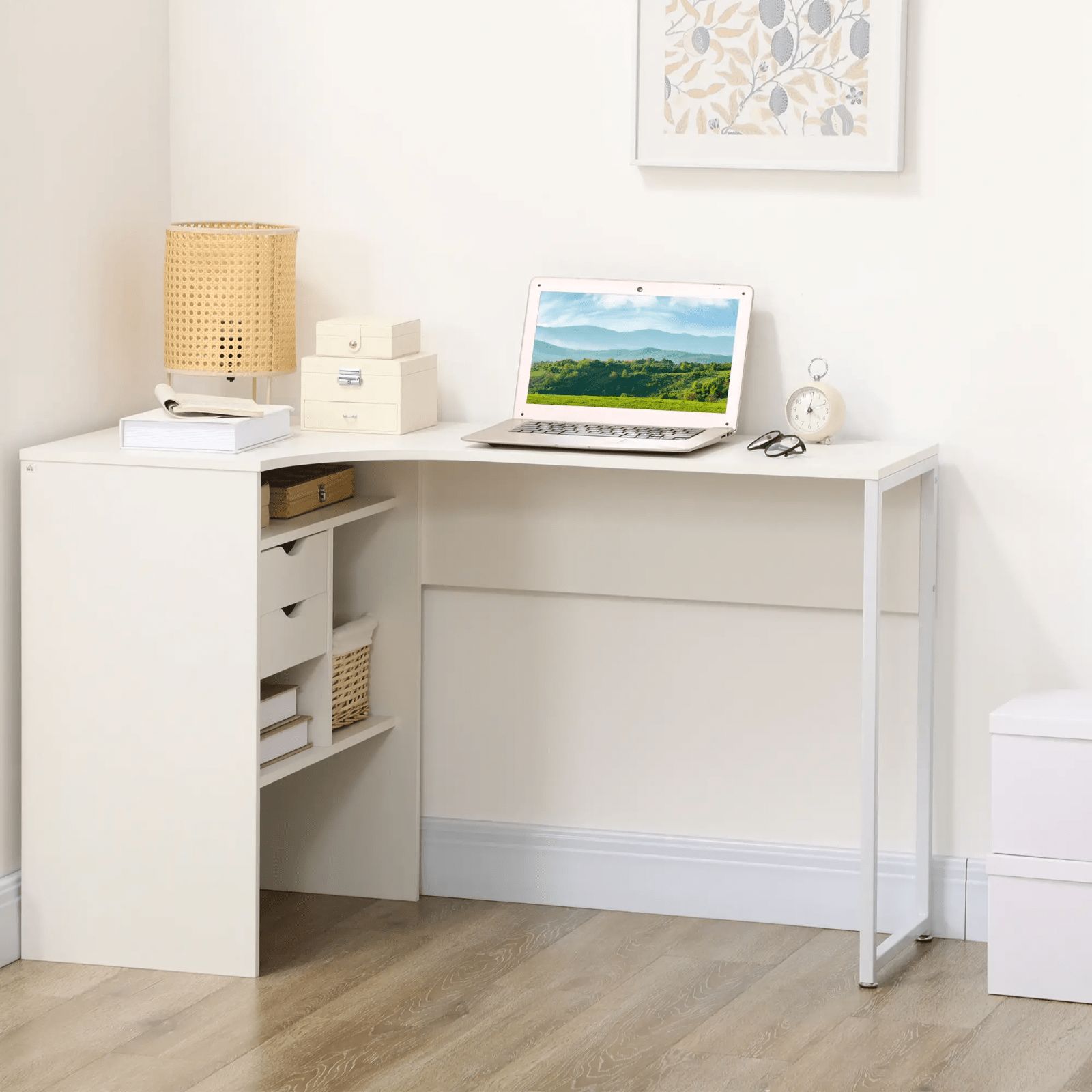 White L Shaped Computer Desk Drawers Corner Study Writing Table Storage Shelf - Home and Garden Furniture Shop - rustic - furniture