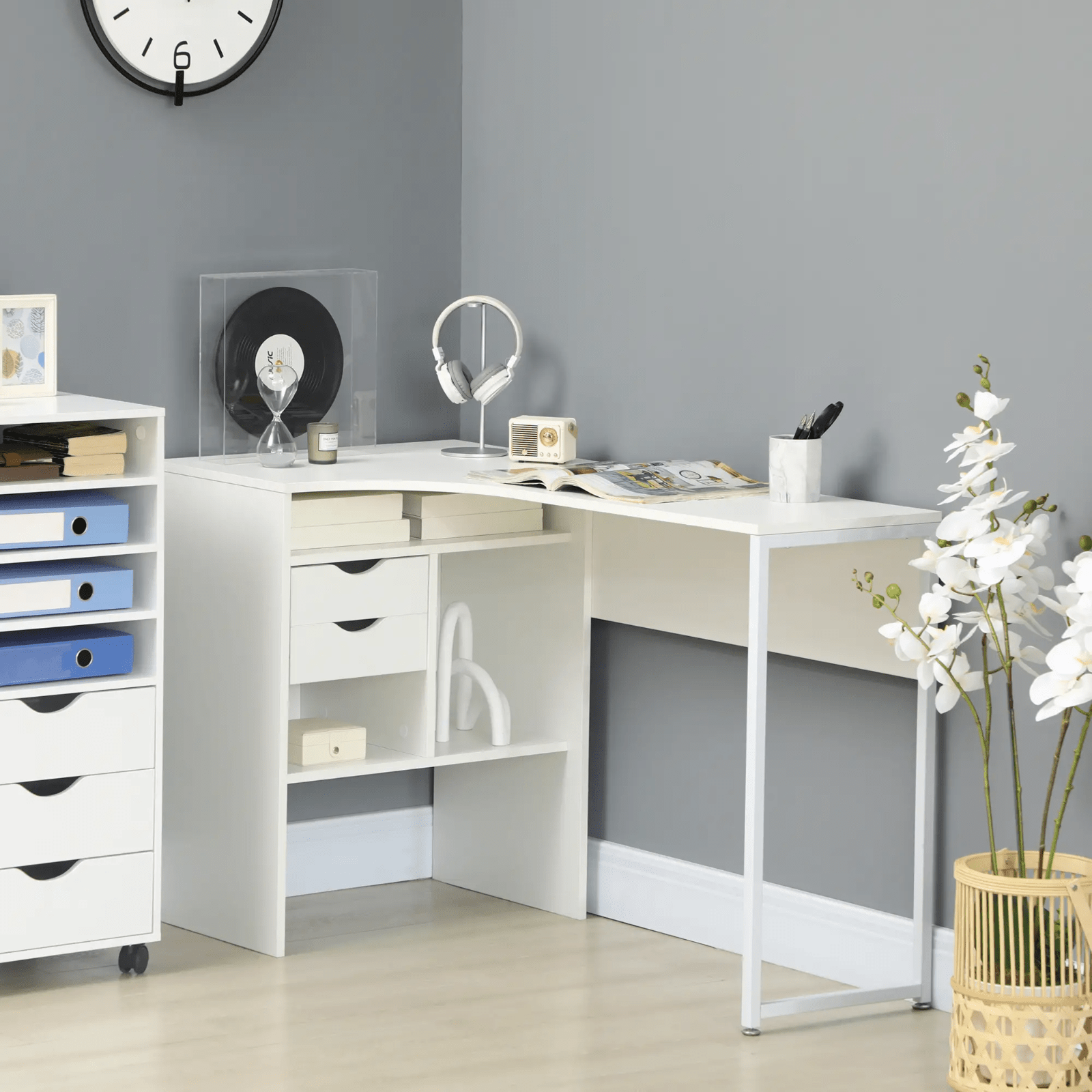 White L Shaped Computer Desk Drawers Corner Study Writing Table Storage Shelf - Home and Garden Furniture Shop - rustic - furniture