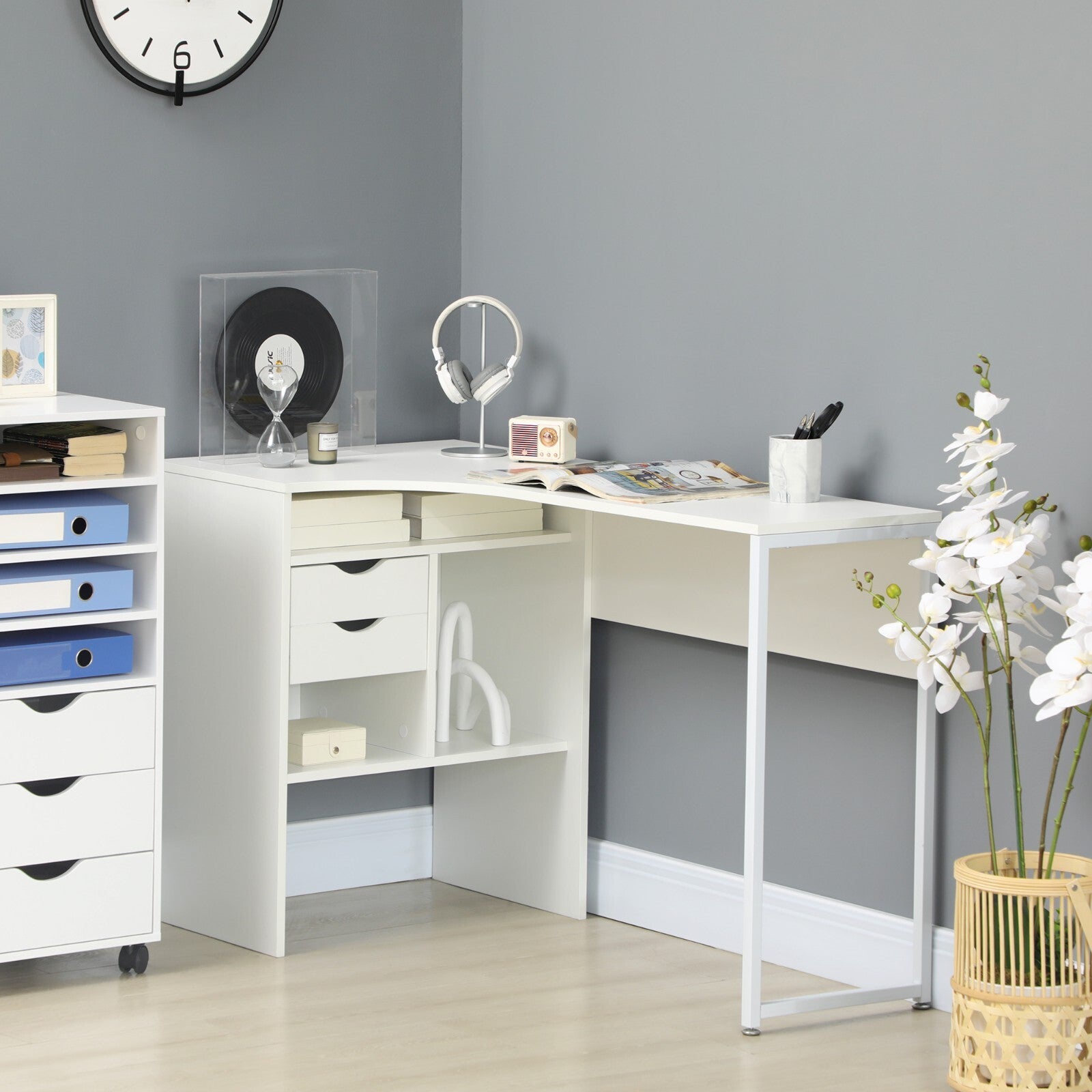 White L Shaped Computer Desk Drawers Corner Study Writing Table Storage Shelf - Home and Garden Furniture Shop - rustic - furniture