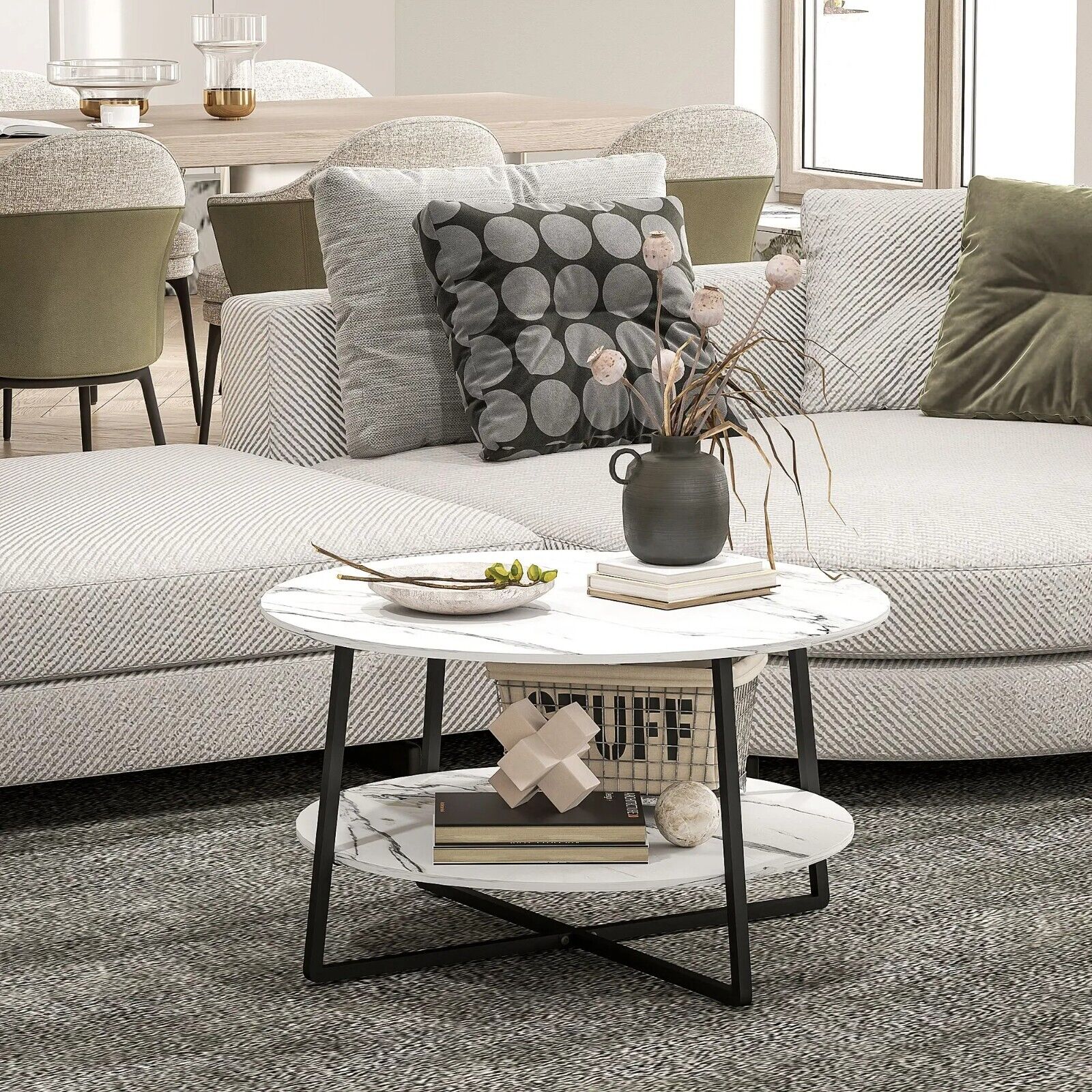 White Round Coffee Table Storage Shelf Marble Effect Table Top Black Metal Legs - Home and Garden Furniture Shop - rustic - furniture