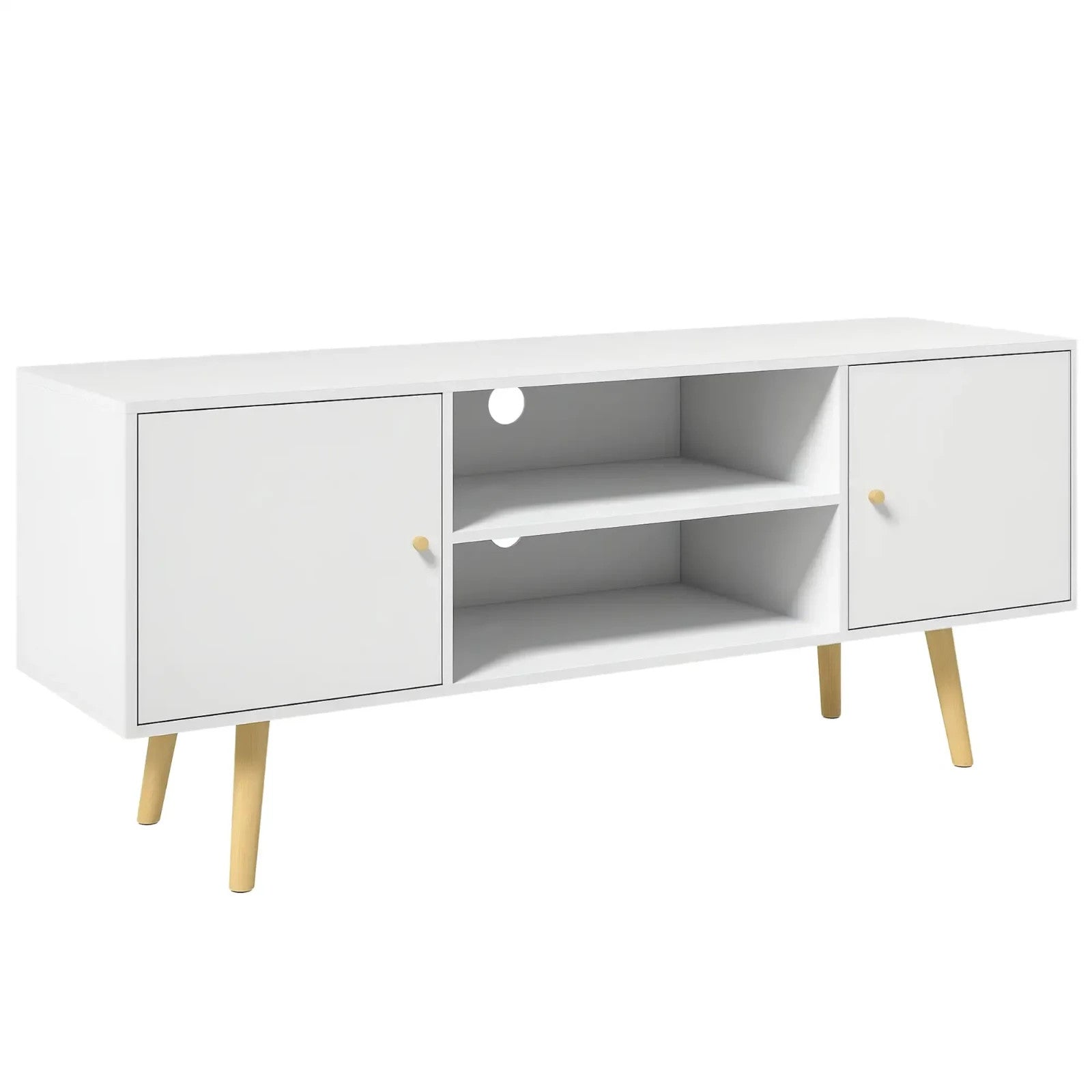 White TV Stand Entertainment Unit with Doors for 55 Inch TV Wooden Legs Shelves - Home and Garden Furniture Shop - rustic - furniture