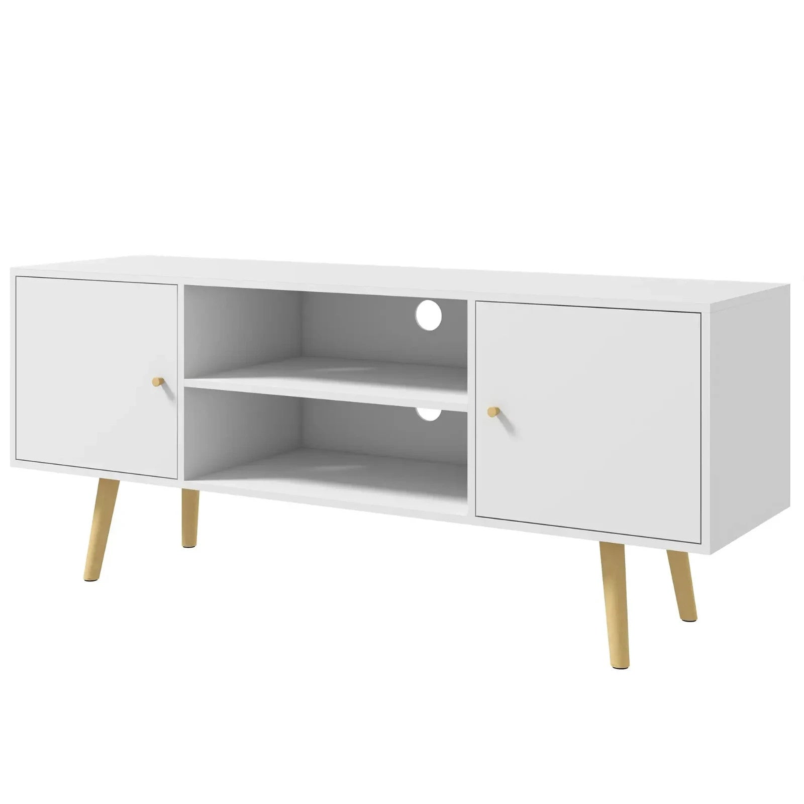 White TV Stand Entertainment Unit with Doors for 55 Inch TV Wooden Legs Shelves - Home and Garden Furniture Shop - rustic - furniture