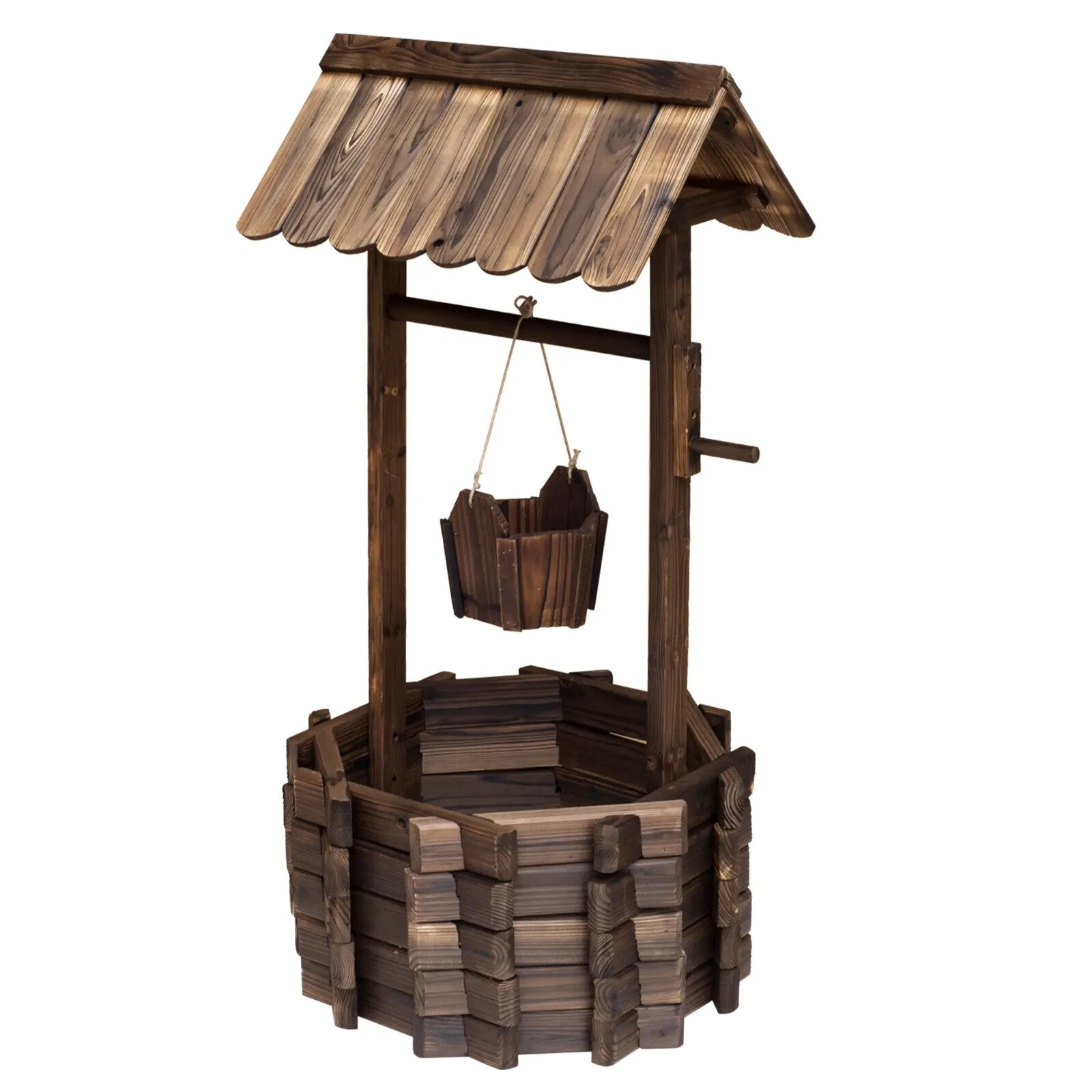 Wishing Well Planter Rustic Wooden Garden Bucket Planter Outdoor Decor Brown - Home and Garden Furniture Shop - rustic - furniture