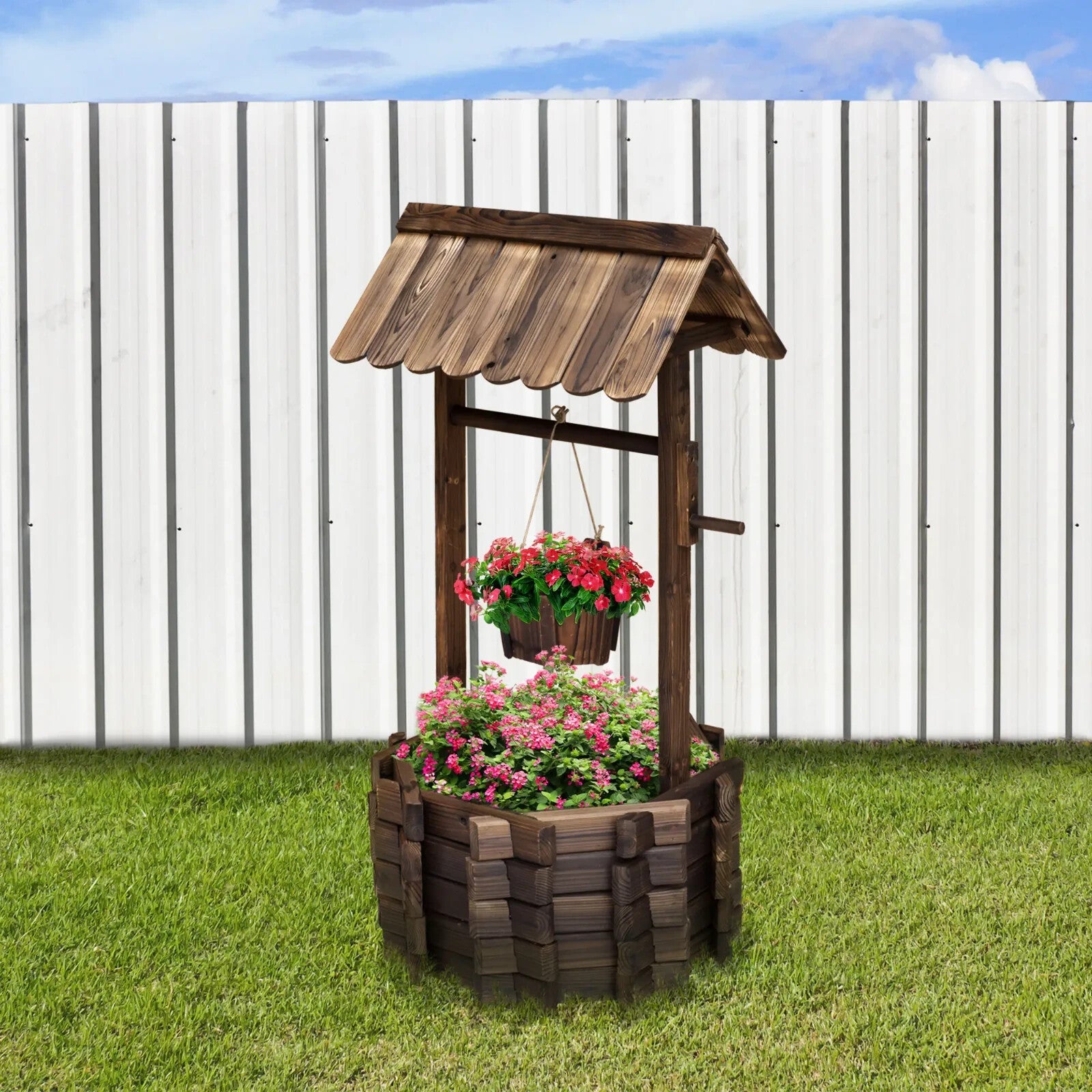 Wishing Well Planter Rustic Wooden Garden Bucket Planter Outdoor Decor Brown - Home and Garden Furniture Shop - rustic - furniture