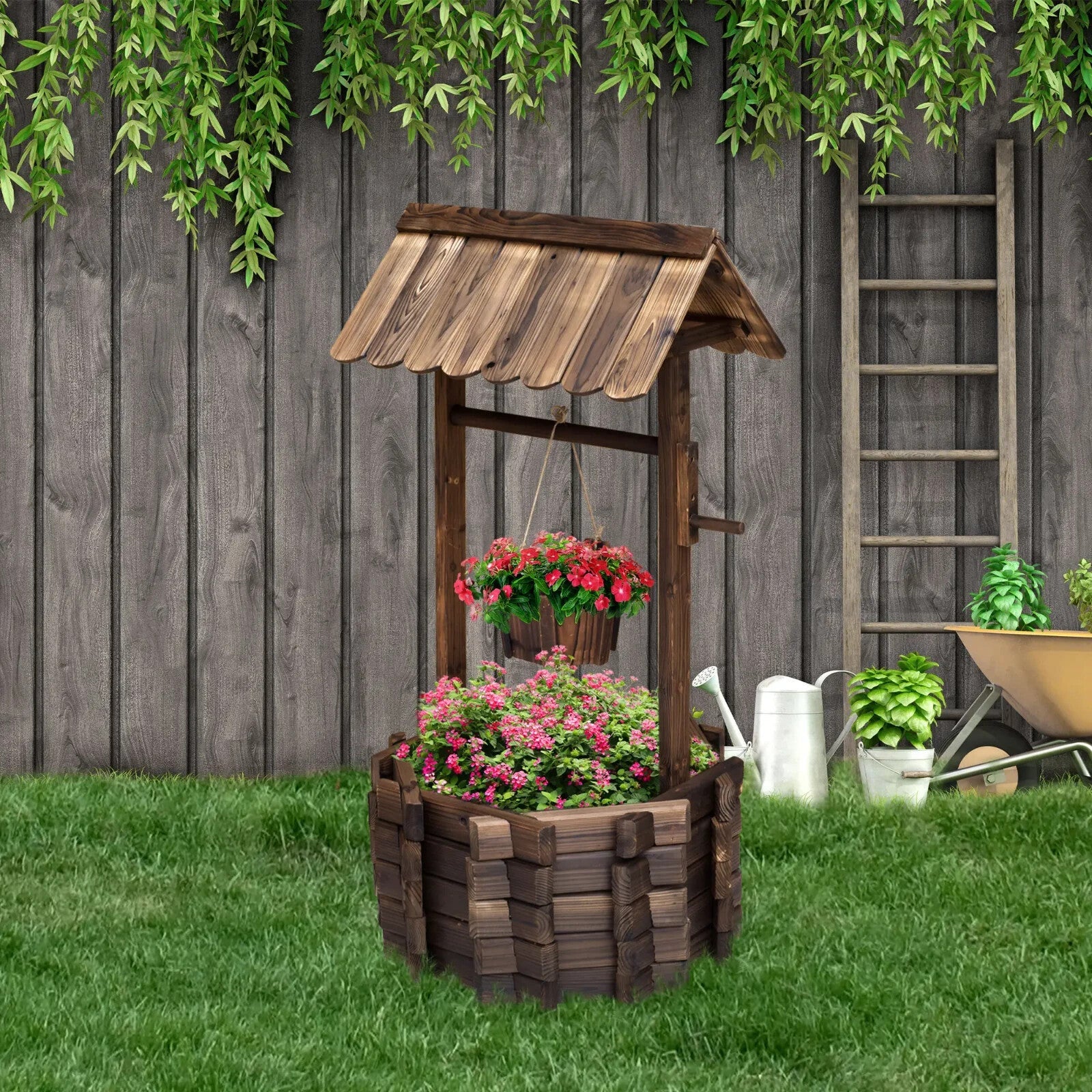Wishing Well Planter Rustic Wooden Garden Bucket Planter Outdoor Decor Brown - Home and Garden Furniture Shop - rustic - furniture