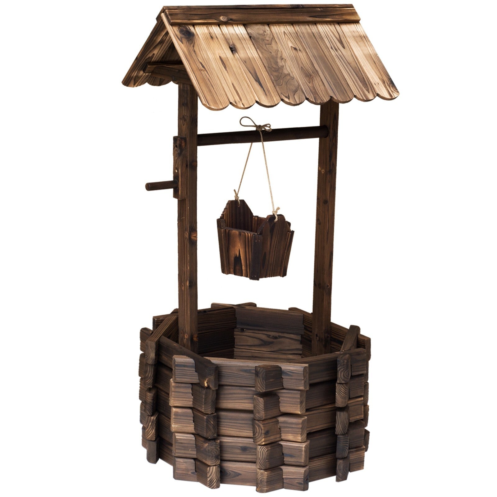 Wishing Well Planter Rustic Wooden Garden Bucket Planter Outdoor Decor Brown - Home and Garden Furniture Shop - rustic - furniture