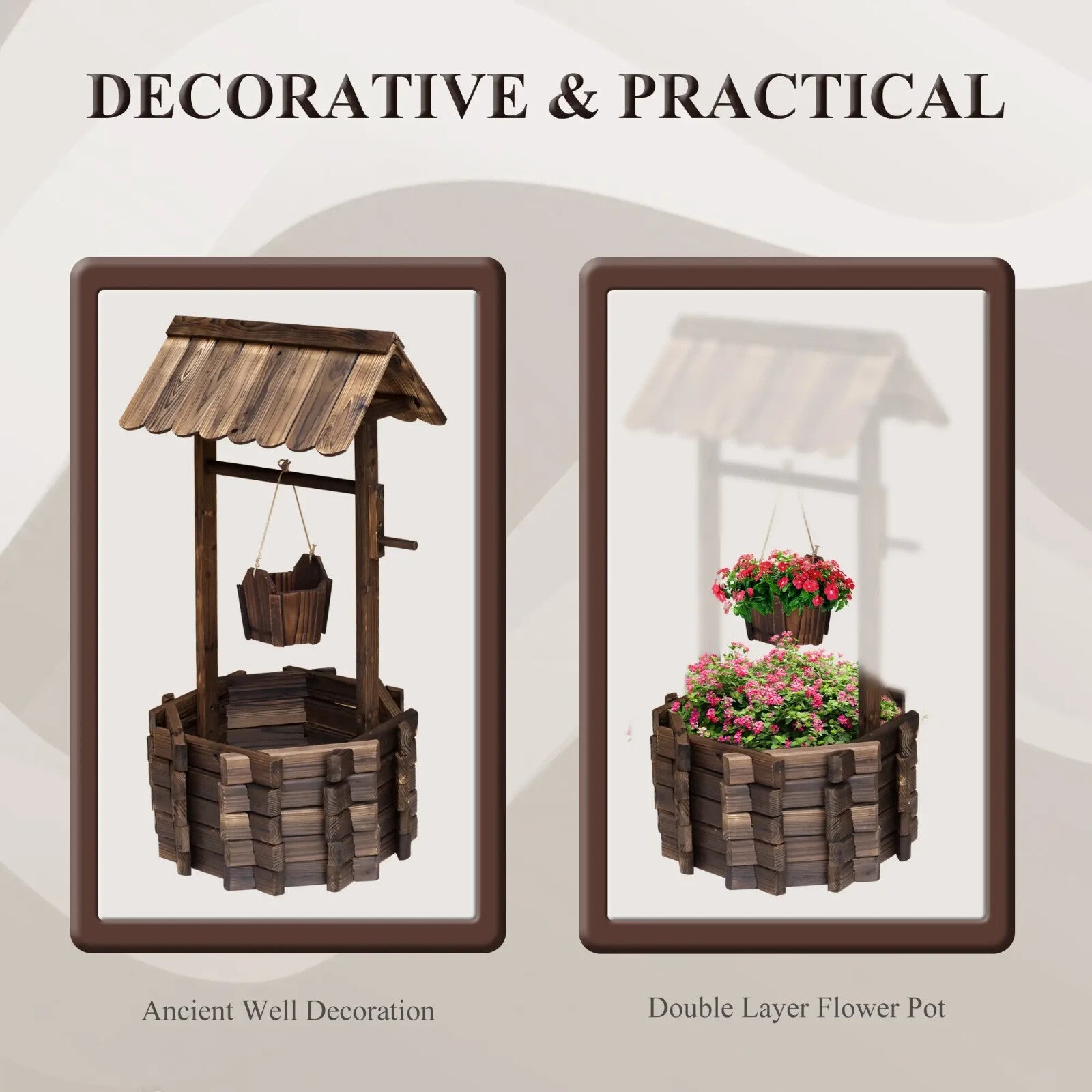 Wishing Well Planter Rustic Wooden Garden Bucket Planter Outdoor Decor Brown - Home and Garden Furniture Shop - rustic - furniture