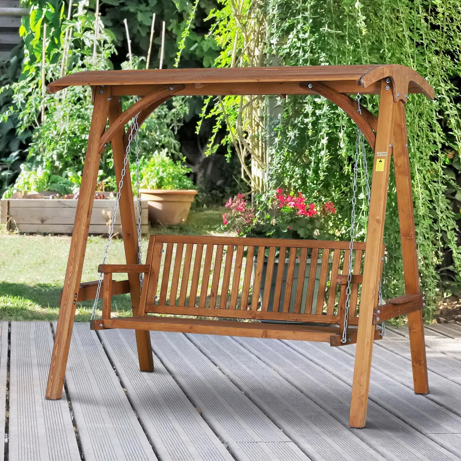 Wooden 3 Seater Garden Swing Chair Outdoor Patio Bench w/ Canopy Sun Shade Seat - Home and Garden Furniture Shop - #rustic - furniture#