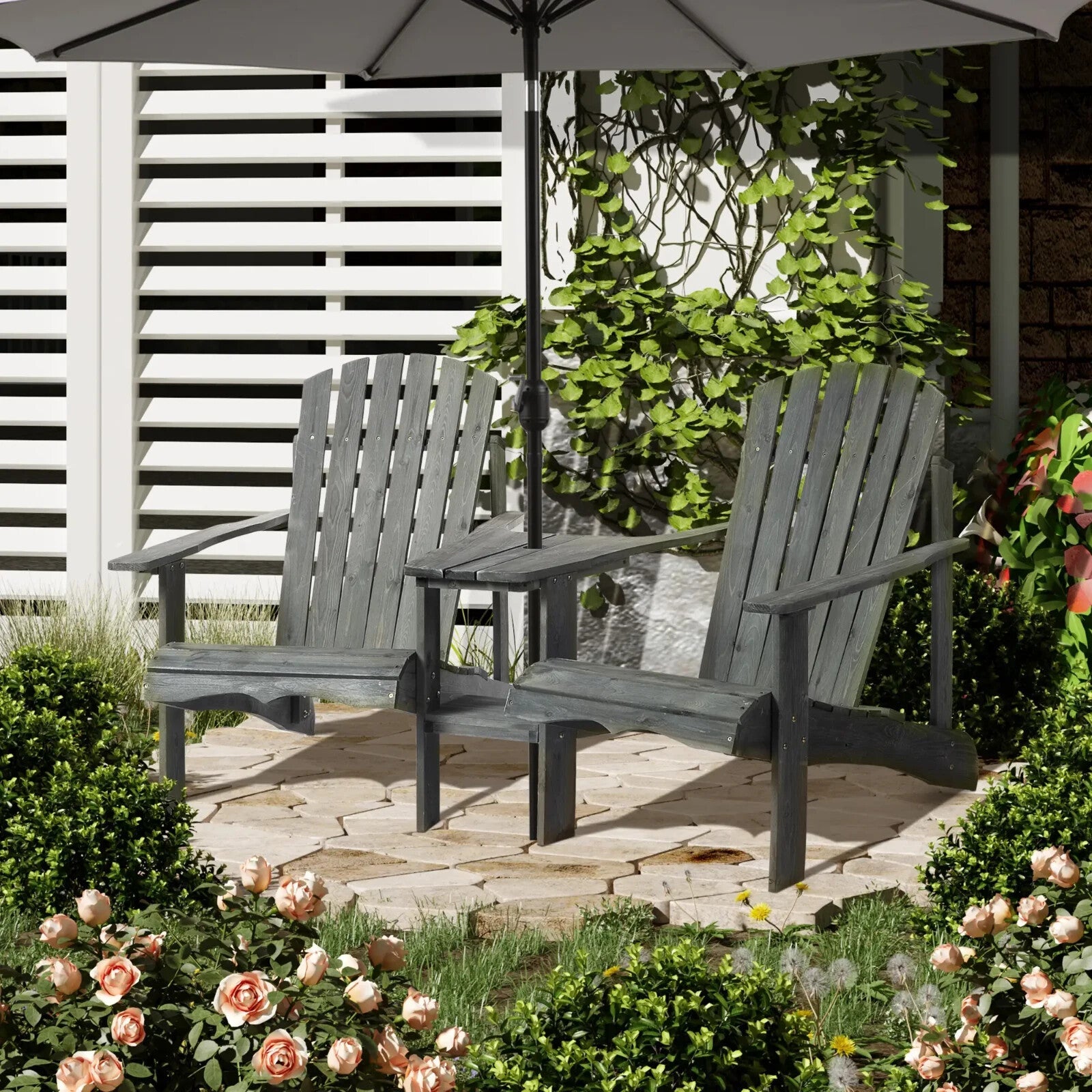 Wooden Double Adirondack Garden Chairs with Centre Table and Umbrella Hole Set - Home and Garden Furniture Shop - rustic - furniture