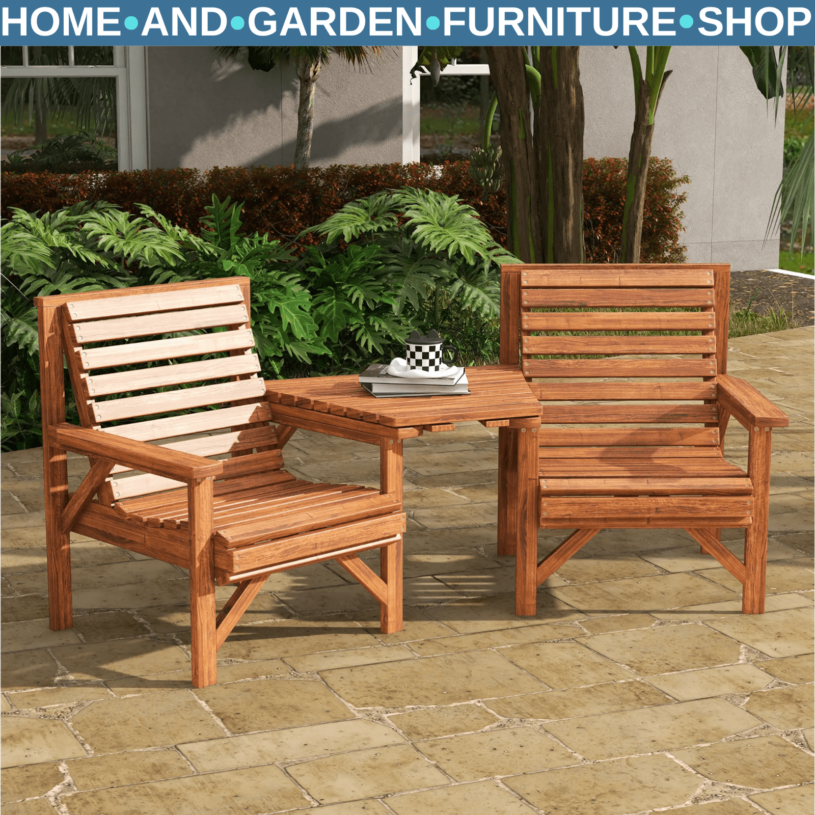 Wooden Garden Love Seat 2 Seater Patio Coffee Table and Chair Set Partner Bench - Home and Garden Furniture Shop - rustic - furniture