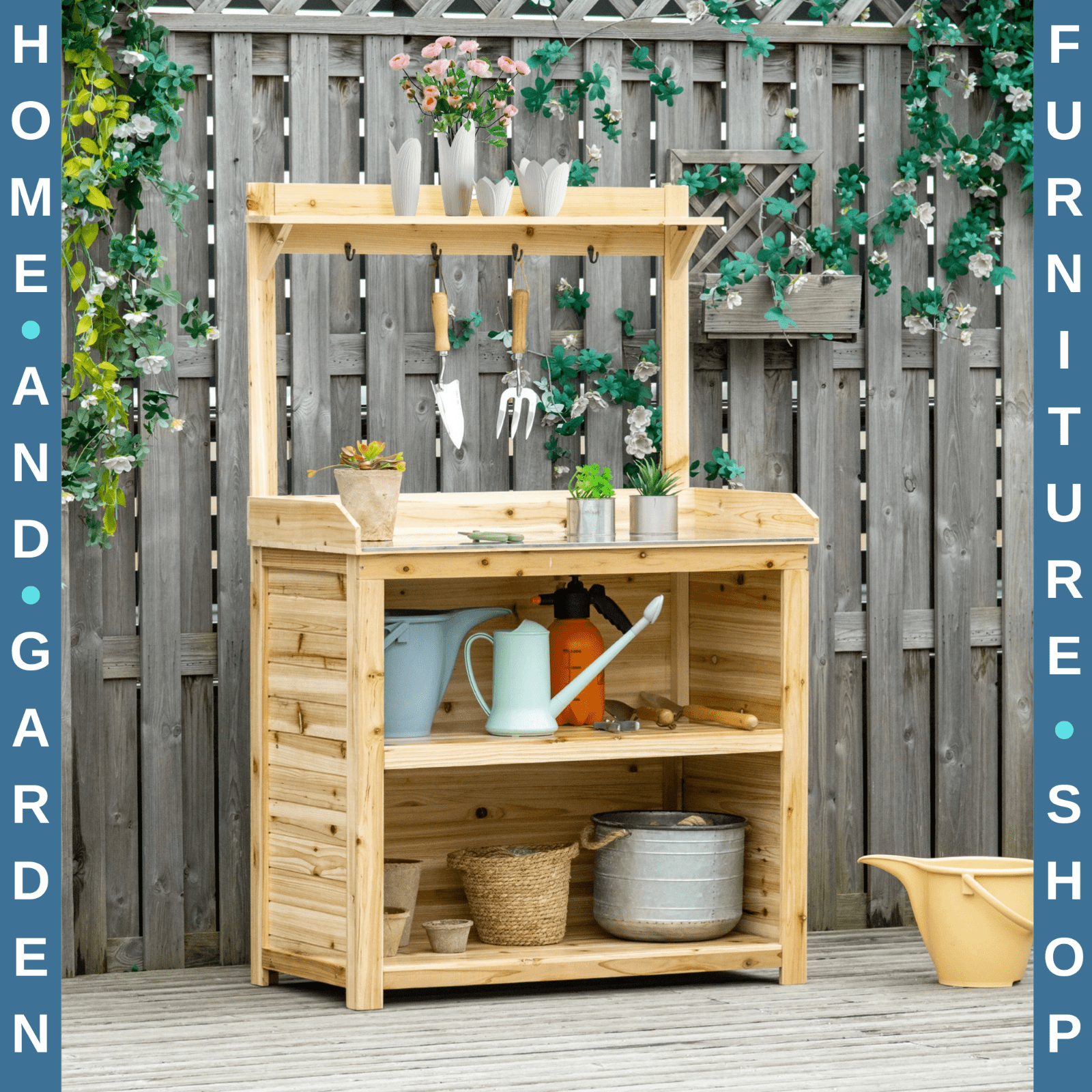 Wooden Garden Potting Bench Workstation Table w/ Galvanised Tabletop Shelve Hook - Home and Garden Furniture Shop - rustic - furniture