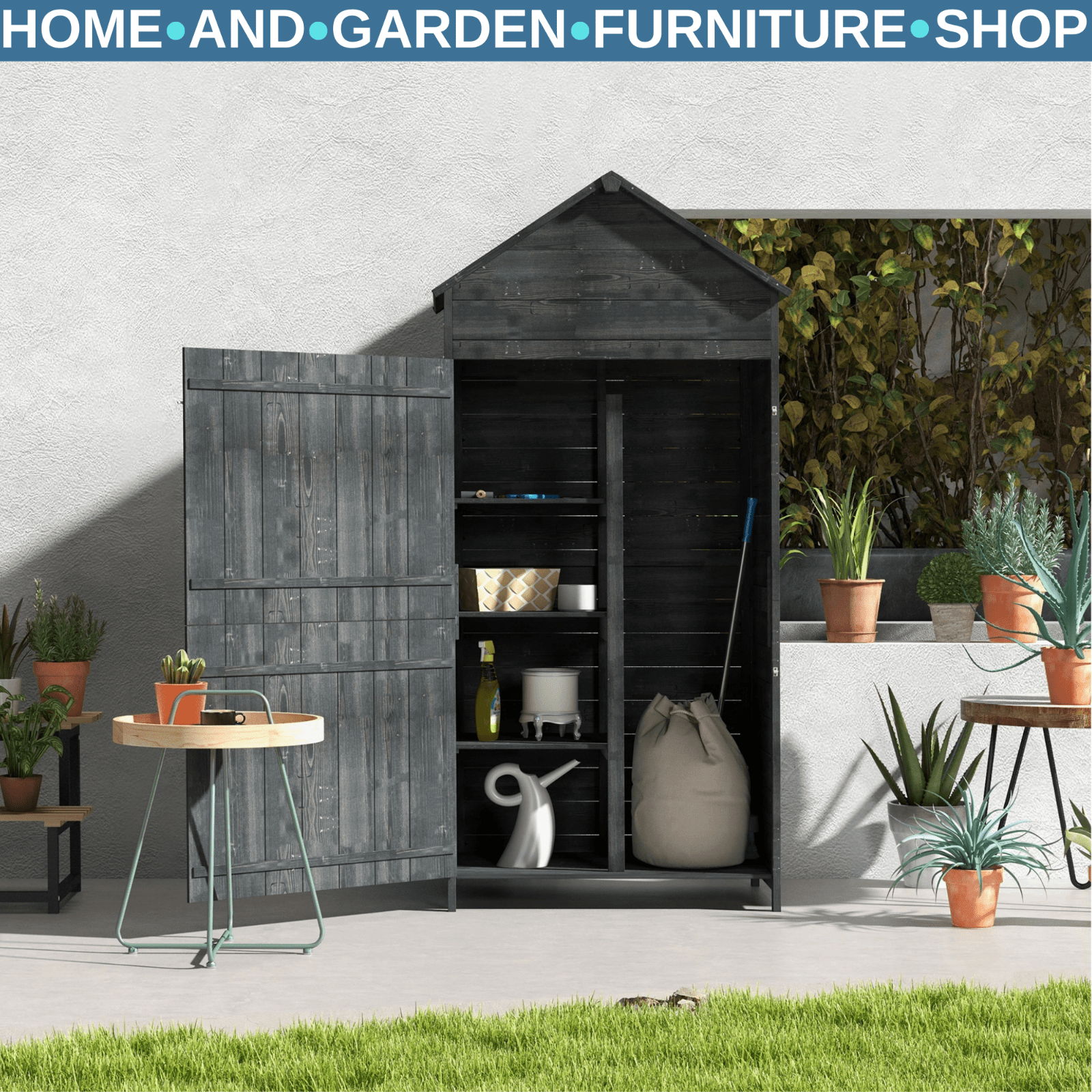 Wooden Garden Shed Outdoor Shelves Utility Tool Storage Cabinet Grey Patio Shed - Home and Garden Furniture Shop - rustic - furniture