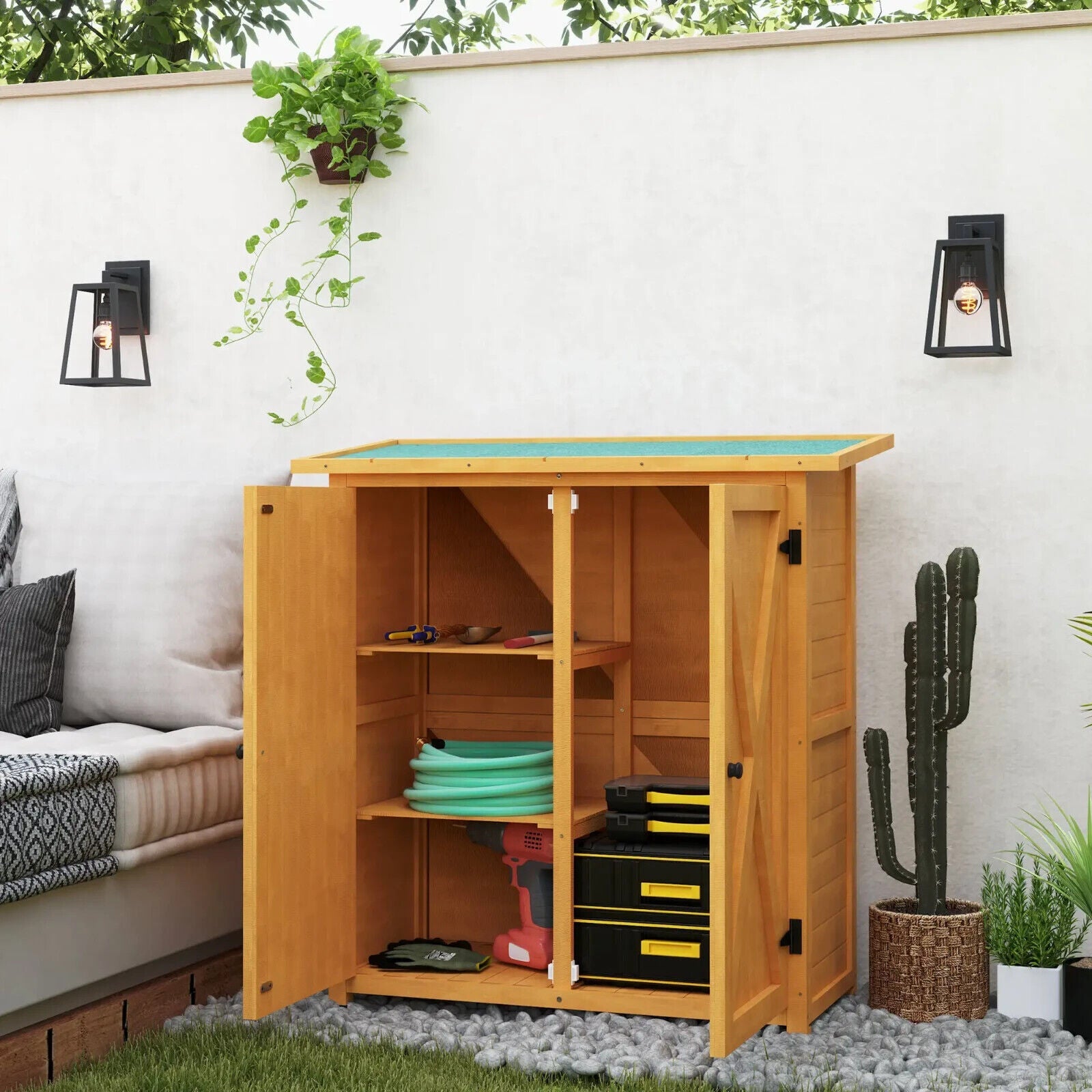 Wooden Garden Storage Shed Tool Cabinet Organiser with Shelves Utility Cupboard - Home and Garden Furniture Shop - #rustic - furniture#