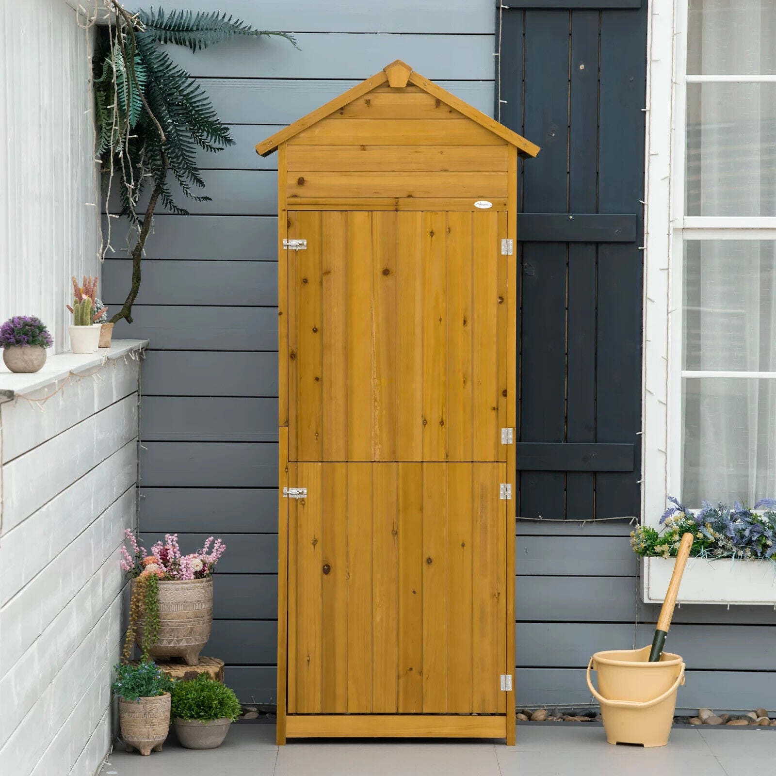 Wooden Garden Storage Shed Tool Cabinet w/ Two Shelves Lockable Door Patio Shed - Home and Garden Furniture Shop - #rustic - furniture#