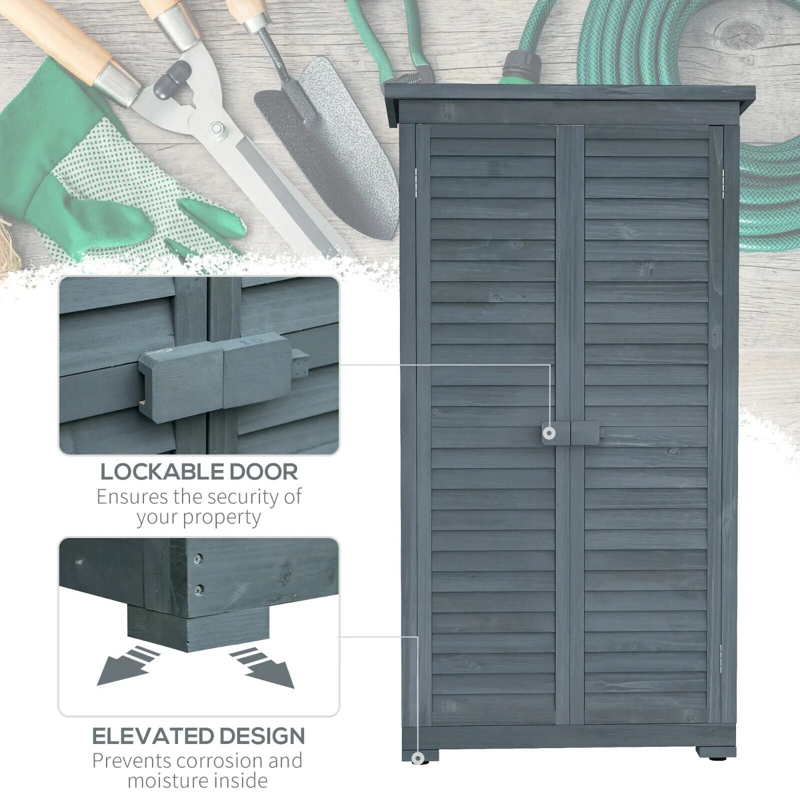 Wooden Garden Storage Shed with 3 Shelves, Shutter Doors and Asphalt Roof - Home and Garden Furniture Shop - #rustic - furniture#
