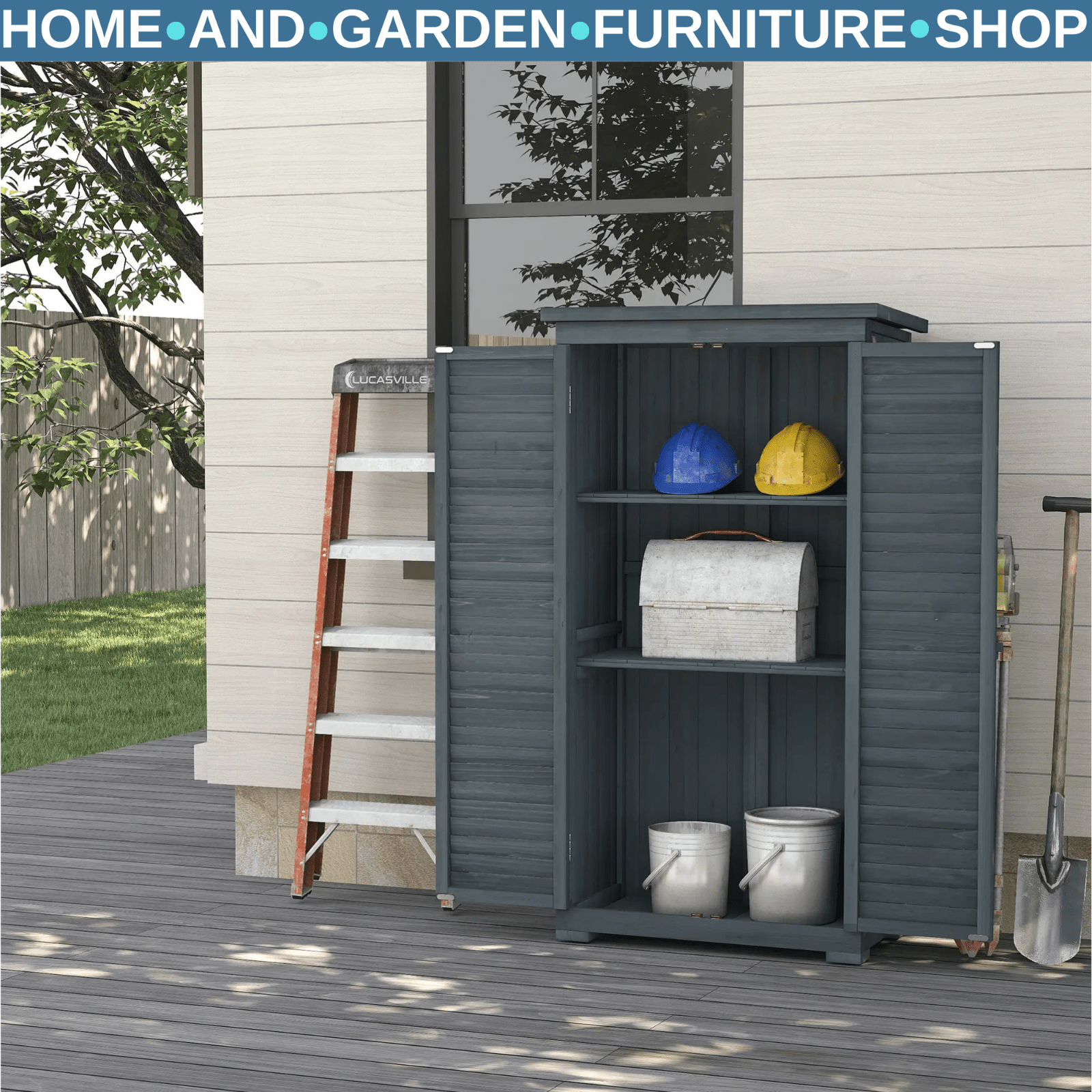 Wooden Garden Storage Shed with 3 Shelves, Shutter Doors and Asphalt Roof - Home and Garden Furniture Shop - rustic - furniture