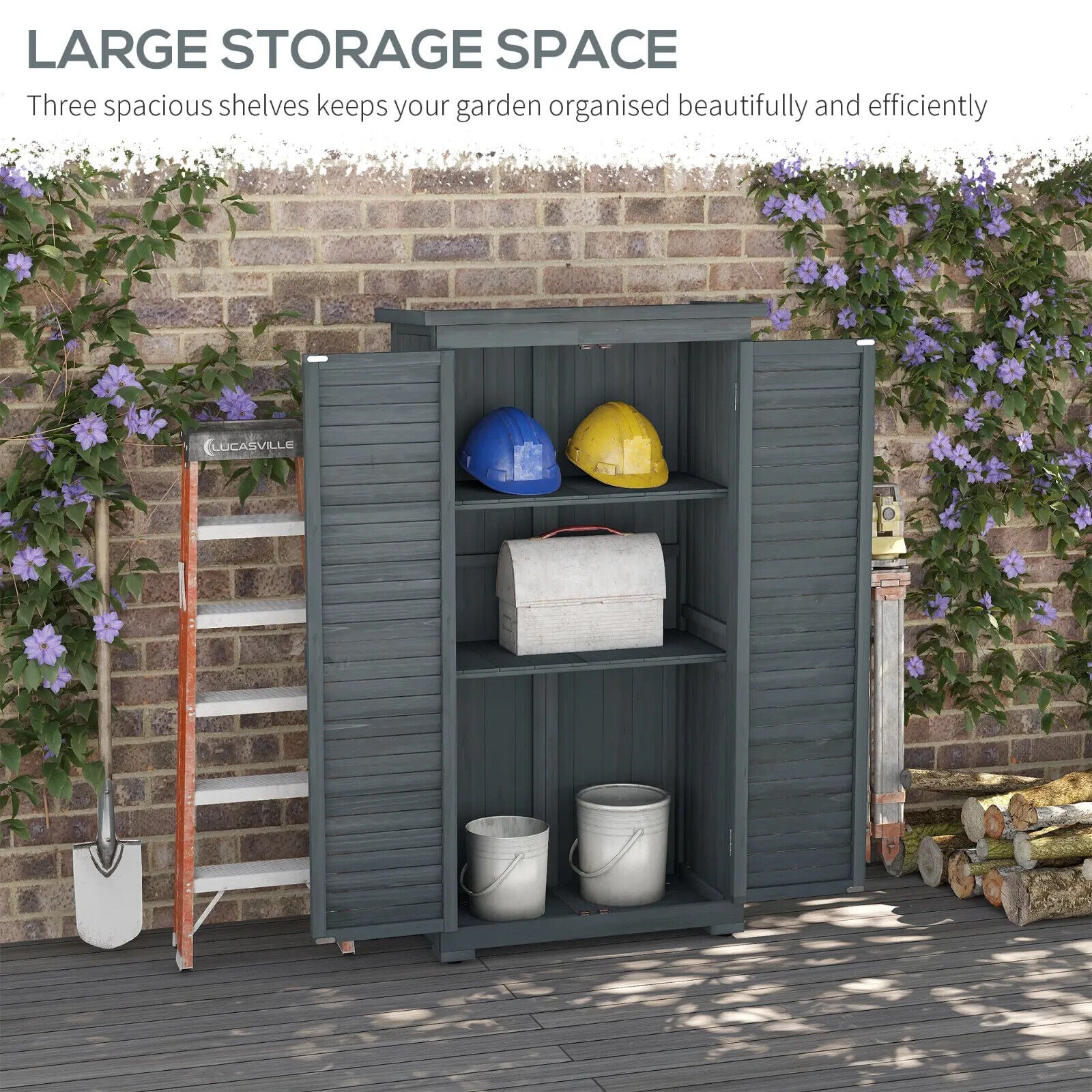 Wooden Garden Storage Shed with 3 Shelves, Shutter Doors and Asphalt Roof - Home and Garden Furniture Shop - #rustic - furniture#