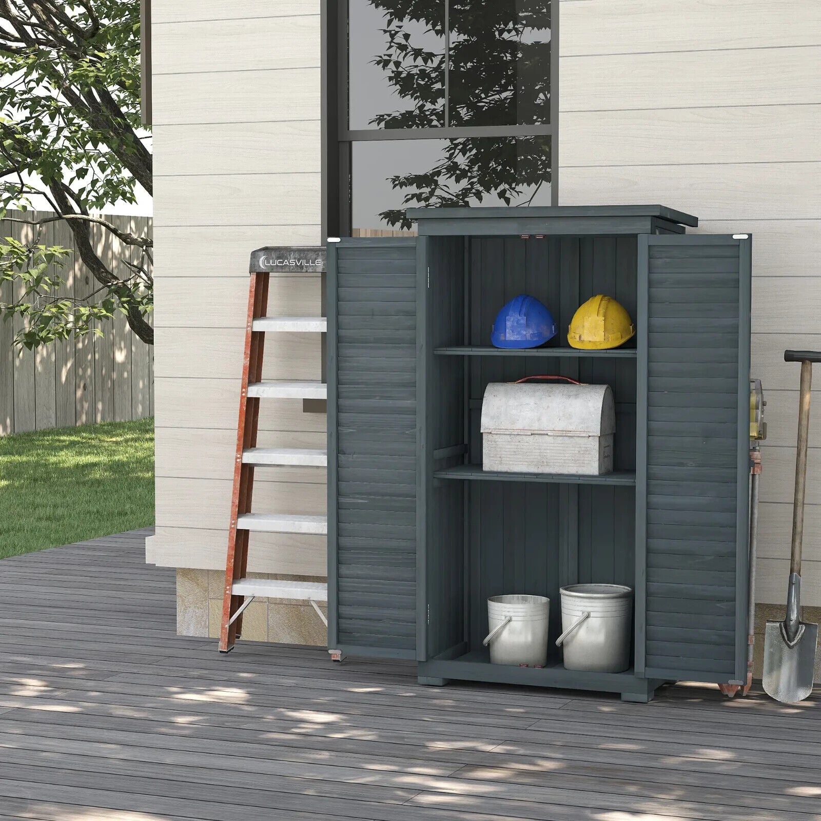Wooden Garden Storage Shed with 3 Shelves, Shutter Doors and Asphalt Roof - Home and Garden Furniture Shop - #rustic - furniture#