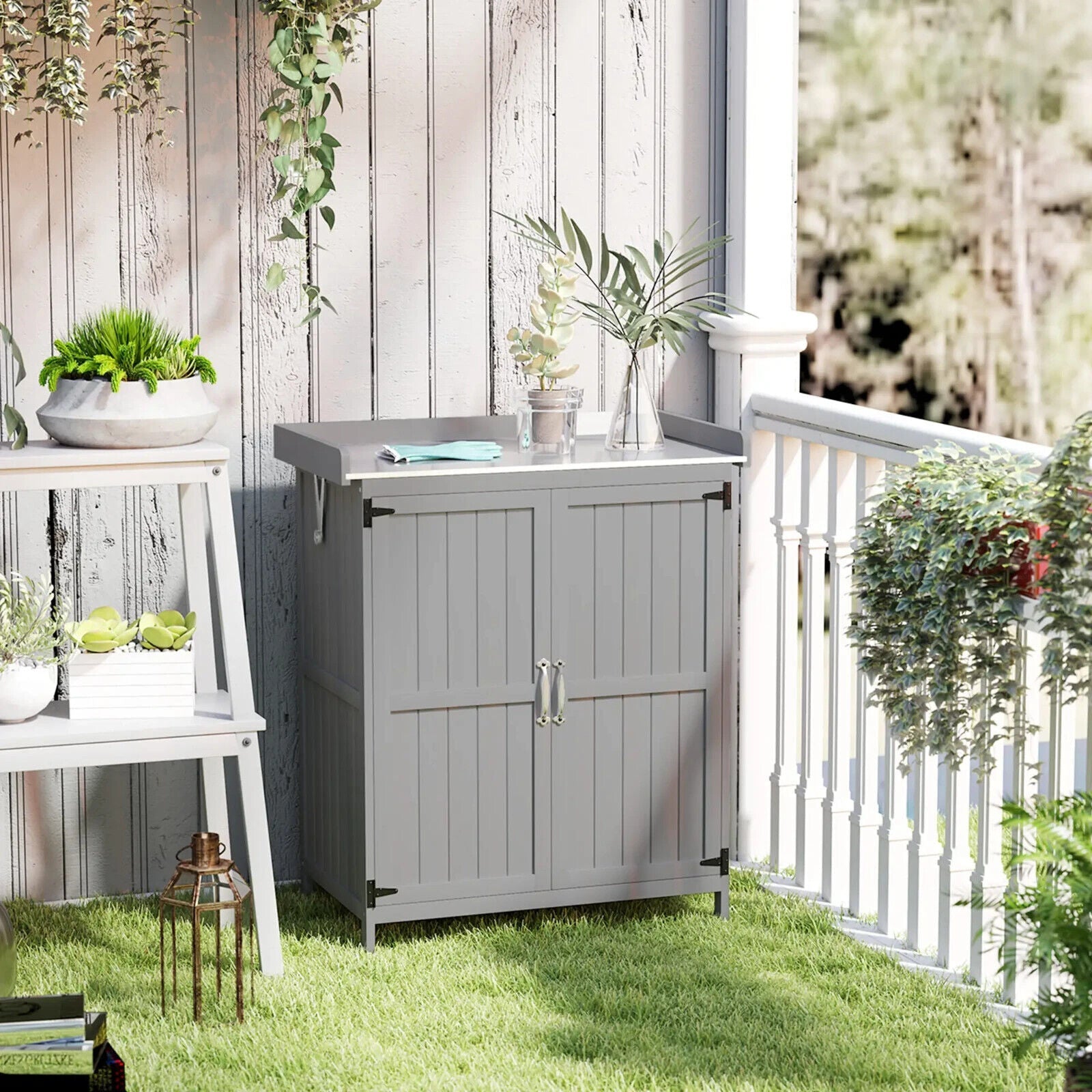 Wooden Garden Storage Shed with Hinged Roof Shelf & Double Doors Outdoor Cabinet - Home and Garden Furniture Shop - #rustic - furniture#