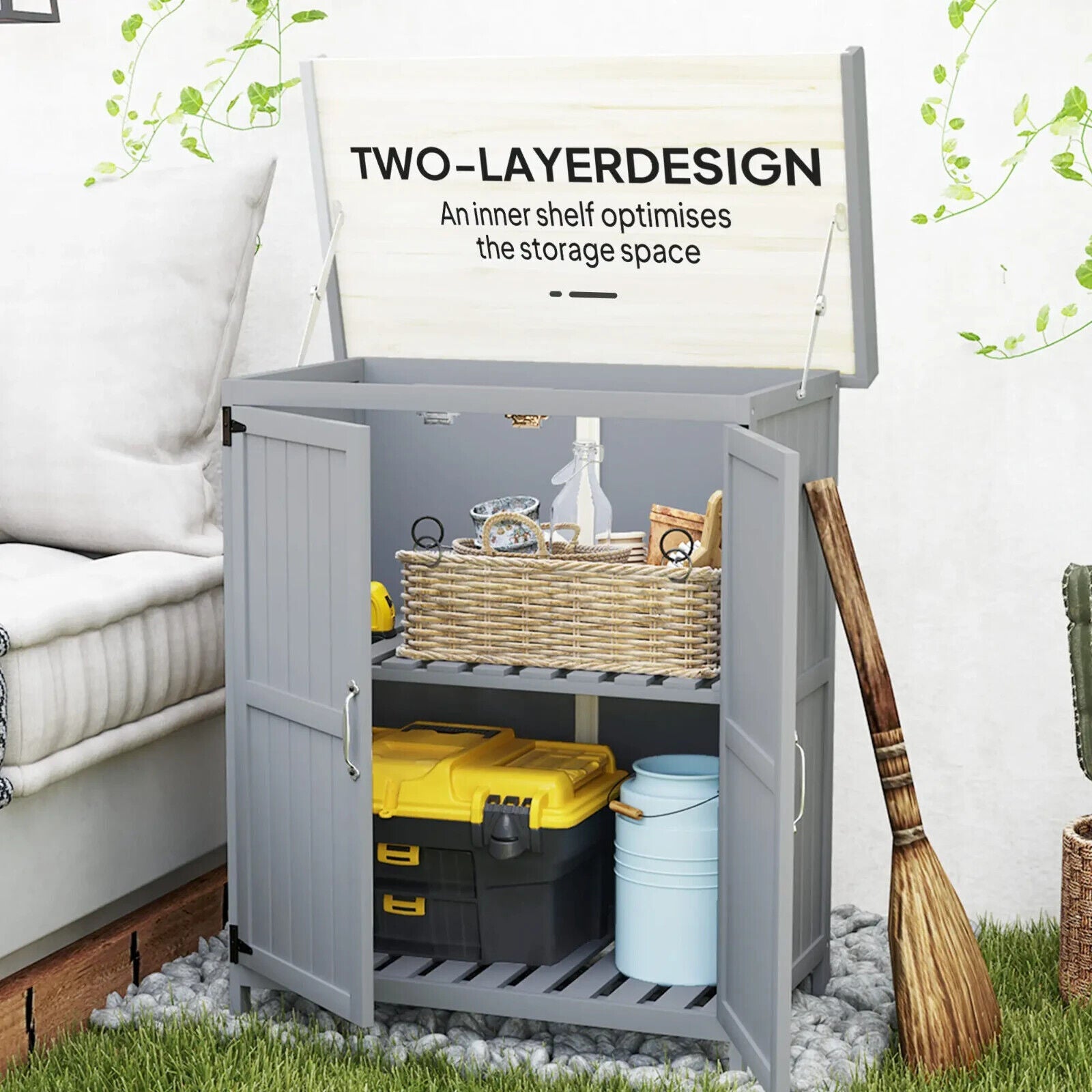 Wooden Garden Storage Shed with Hinged Roof Shelf & Double Doors Outdoor Cabinet - Home and Garden Furniture Shop - #rustic - furniture#