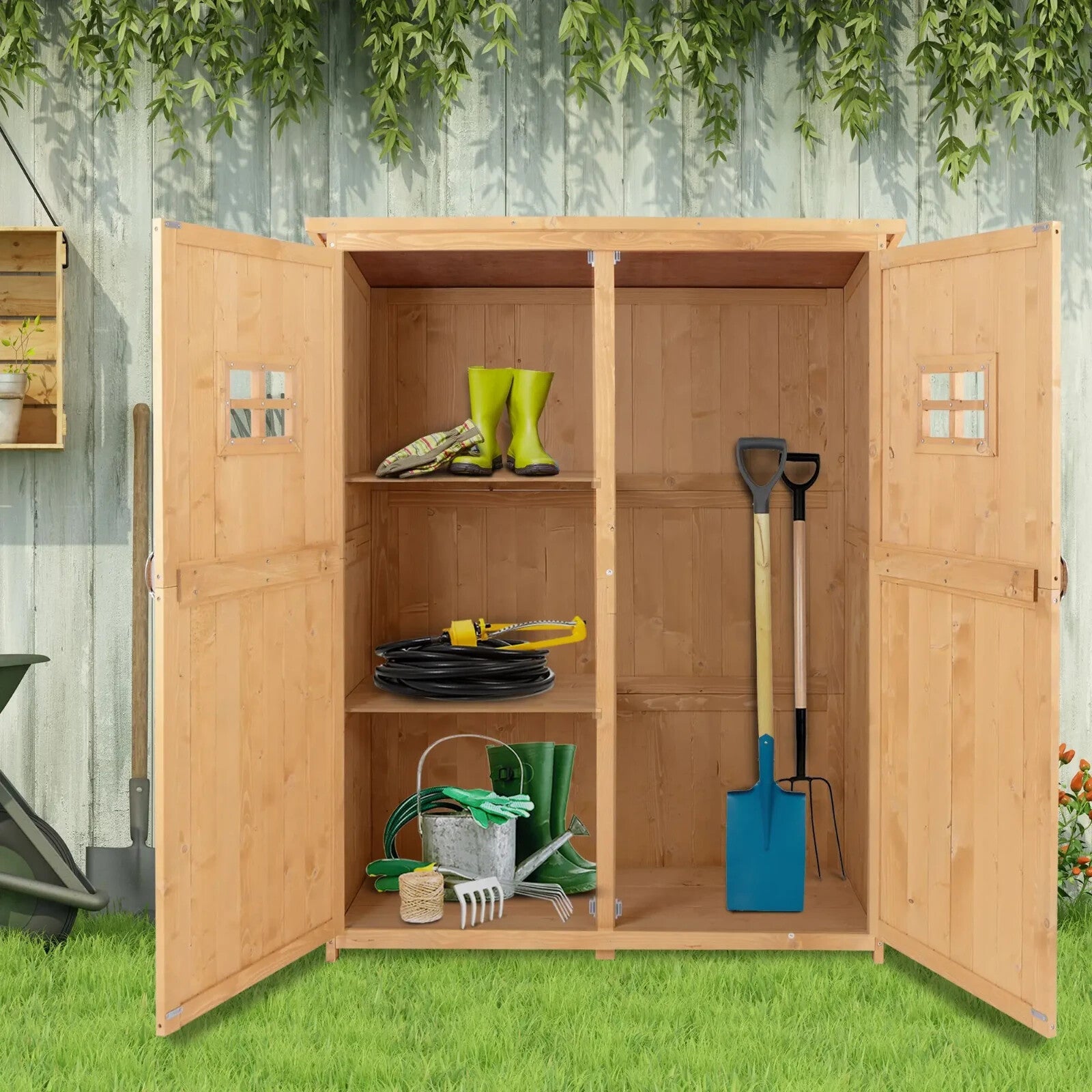 Wooden Garden Storage Shed with Shelves and Double Doors, 164H x 127.5L x 50Wcm - Home and Garden Furniture Shop - rustic - furniture