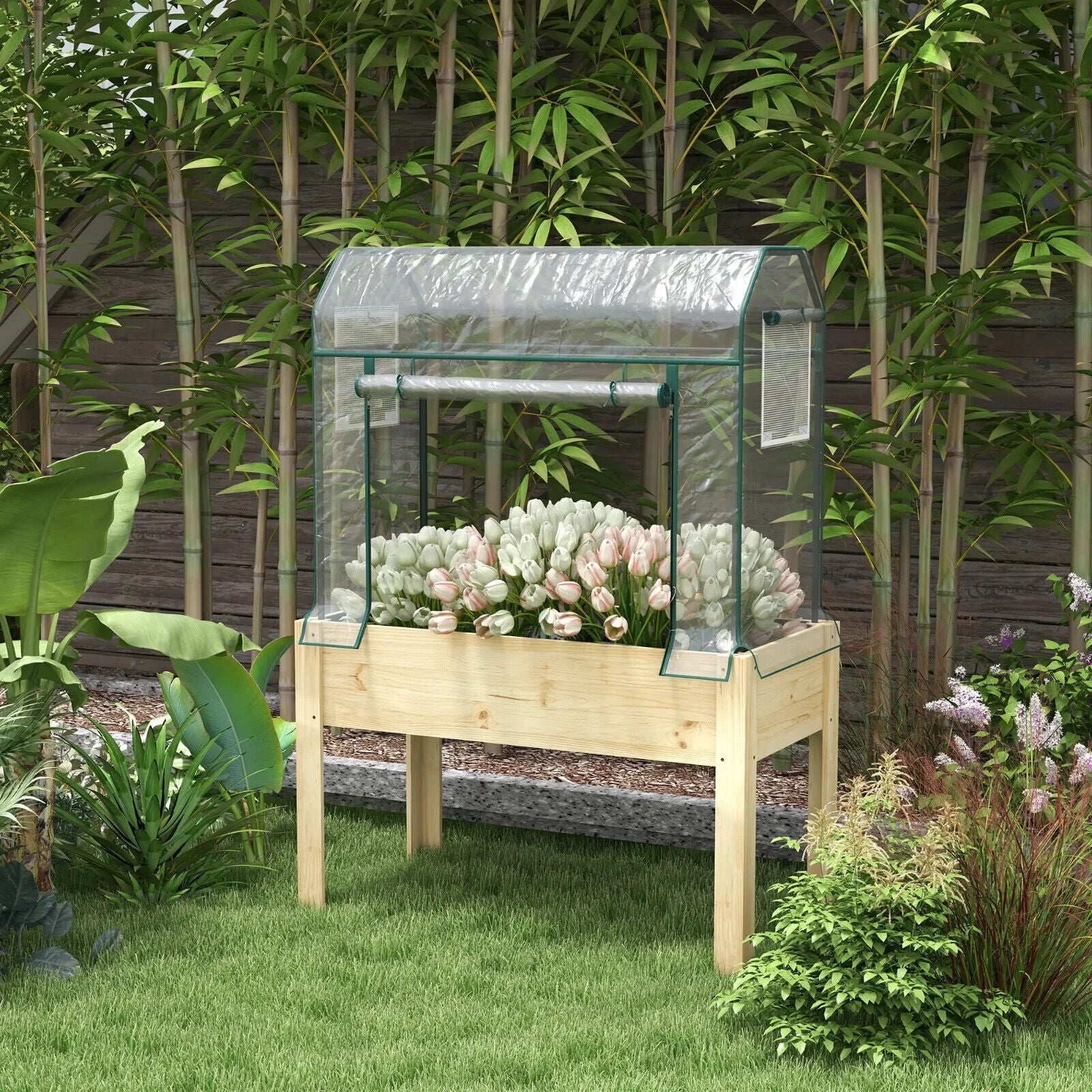 Wooden Planter Box with Greenhouse Cover Raised Garden Bed for Vegetables Herbs - Home and Garden Furniture Shop - #rustic - furniture#