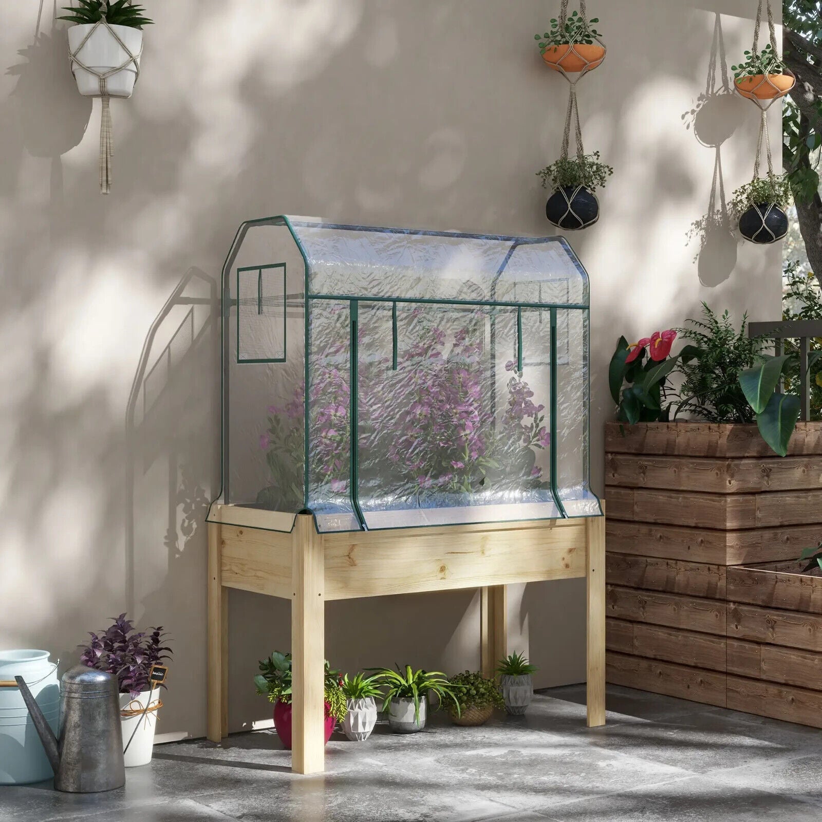 Wooden Planter Box with Greenhouse Cover Raised Garden Bed for Vegetables Herbs - Home and Garden Furniture Shop - #rustic - furniture#