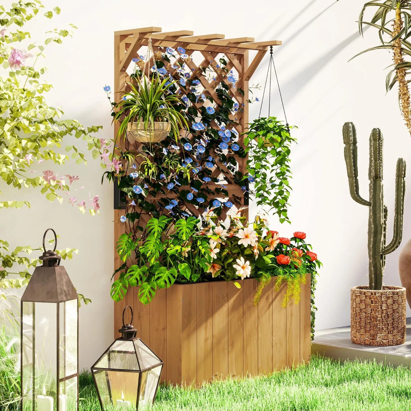 Wooden Planter, Trellis Raised Garden Bed Freestanding Outdoor Box with Drainage - Home and Garden Furniture Shop - #rustic - furniture#