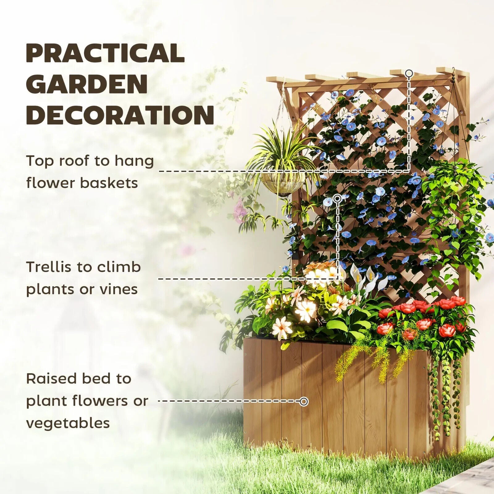 Wooden Planter, Trellis Raised Garden Bed Freestanding Outdoor Box with Drainage - Home and Garden Furniture Shop - #rustic - furniture#