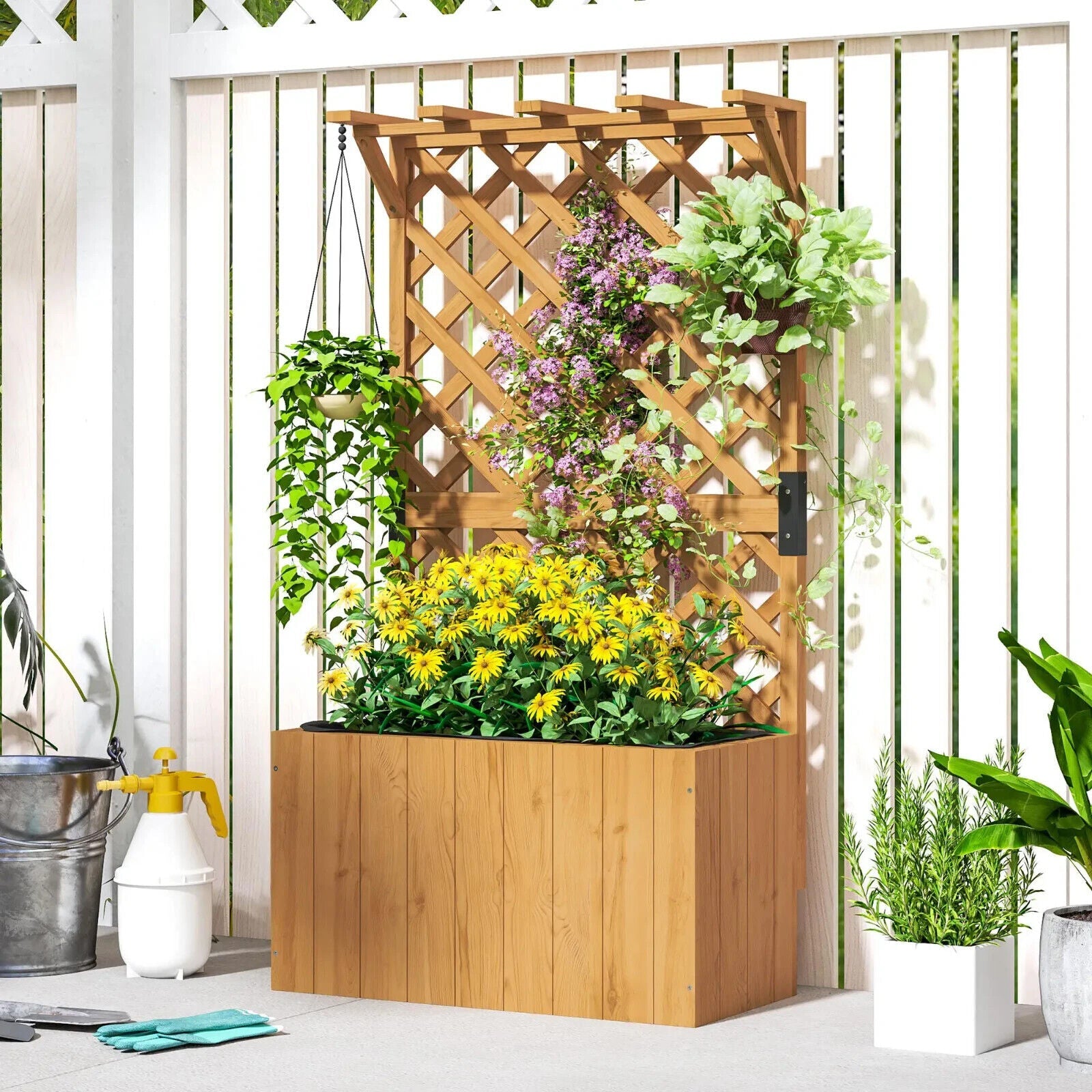 Wooden Planter, Trellis Raised Garden Bed Freestanding Outdoor Box with Drainage - Home and Garden Furniture Shop - #rustic - furniture#