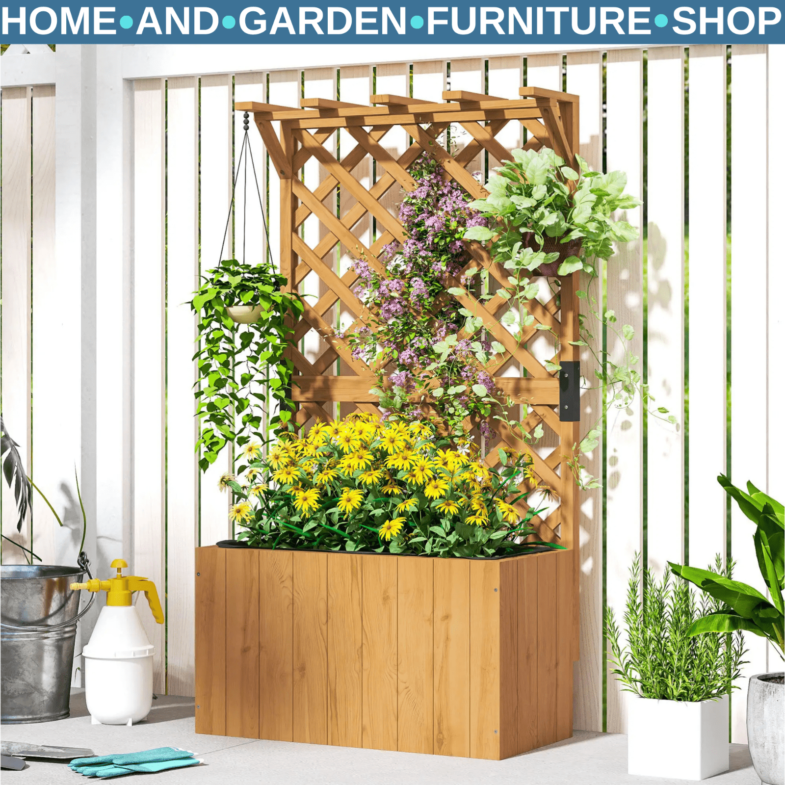 Wooden Planter, Trellis Raised Garden Bed Freestanding Outdoor Box with Drainage - Home and Garden Furniture Shop - #rustic - furniture#