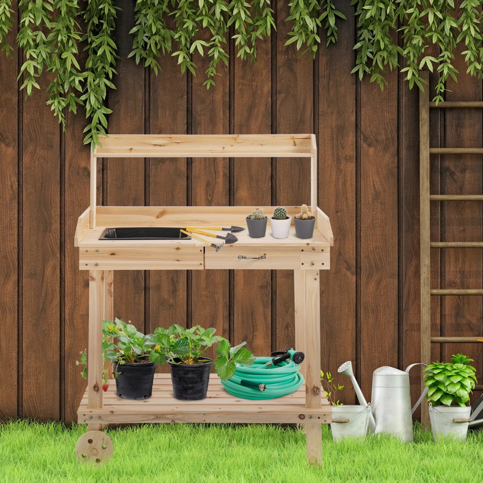 Wooden Potting Bench with Sink Drawer & 2 Wheels Garden Workstation 92x45x119 cm - Home and Garden Furniture Shop - rustic - furniture