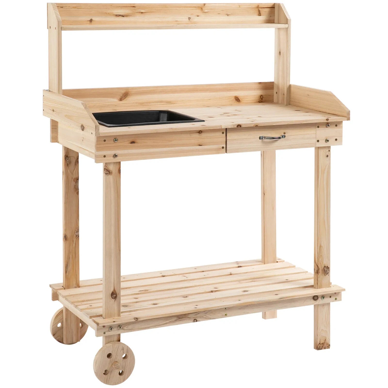 Wooden Potting Bench with Sink Drawer & 2 Wheels Garden Workstation 92x45x119 cm - Home and Garden Furniture Shop - rustic - furniture