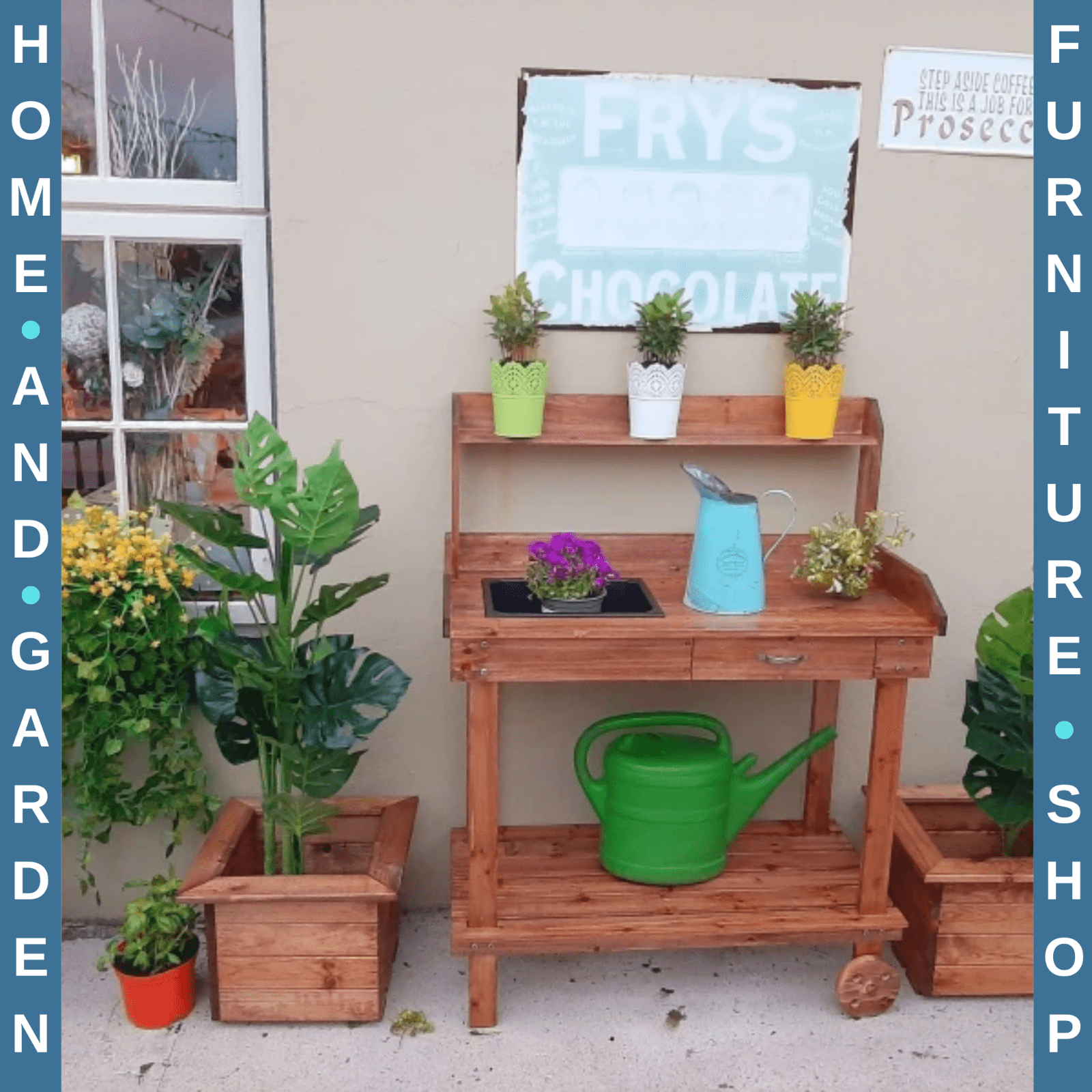 Wooden Potting Bench with Sink Drawer & 2 Wheels Garden Workstation 92x45x119 cm - Home and Garden Furniture Shop - rustic - furniture