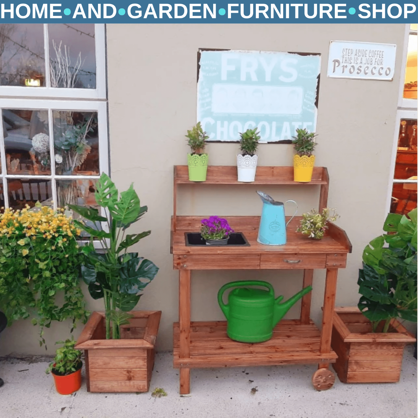Wooden Potting Bench with Sink Drawer & 2 Wheels Garden Workstation 92x45x119 cm - Home and Garden Furniture Shop - rustic - furniture