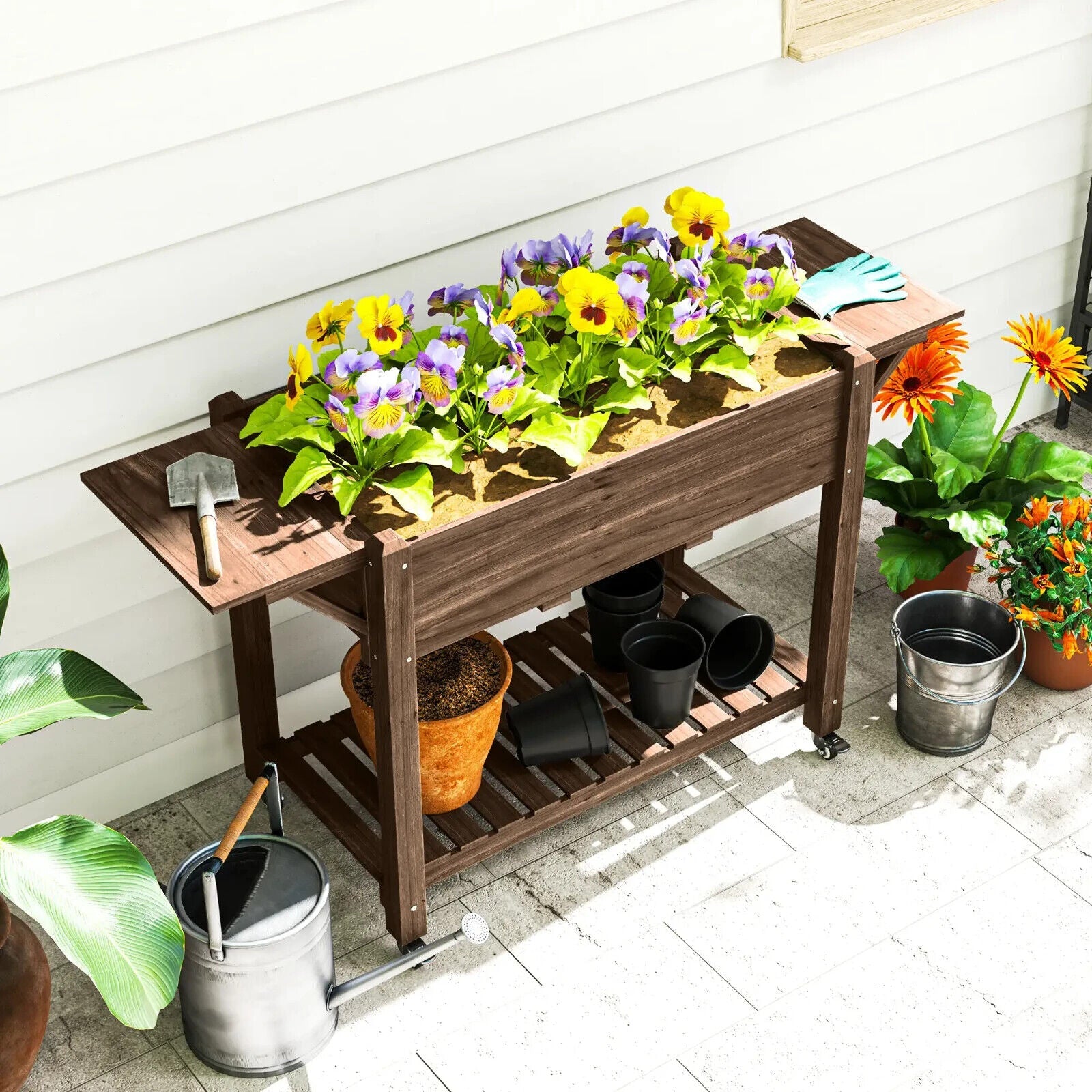 Wooden Raised Garden Bed Mobile Planter Box With Wheels Shelf And Side Tables - Home and Garden Furniture Shop - #rustic - furniture#