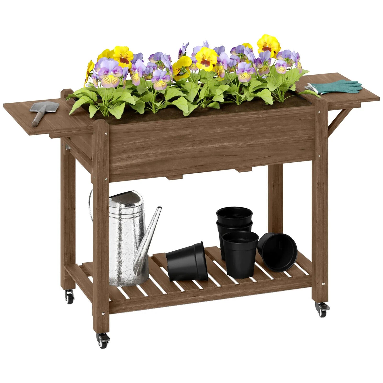 Wooden Raised Garden Bed Mobile Planter Box With Wheels Shelf And Side Tables - Home and Garden Furniture Shop - #rustic - furniture#