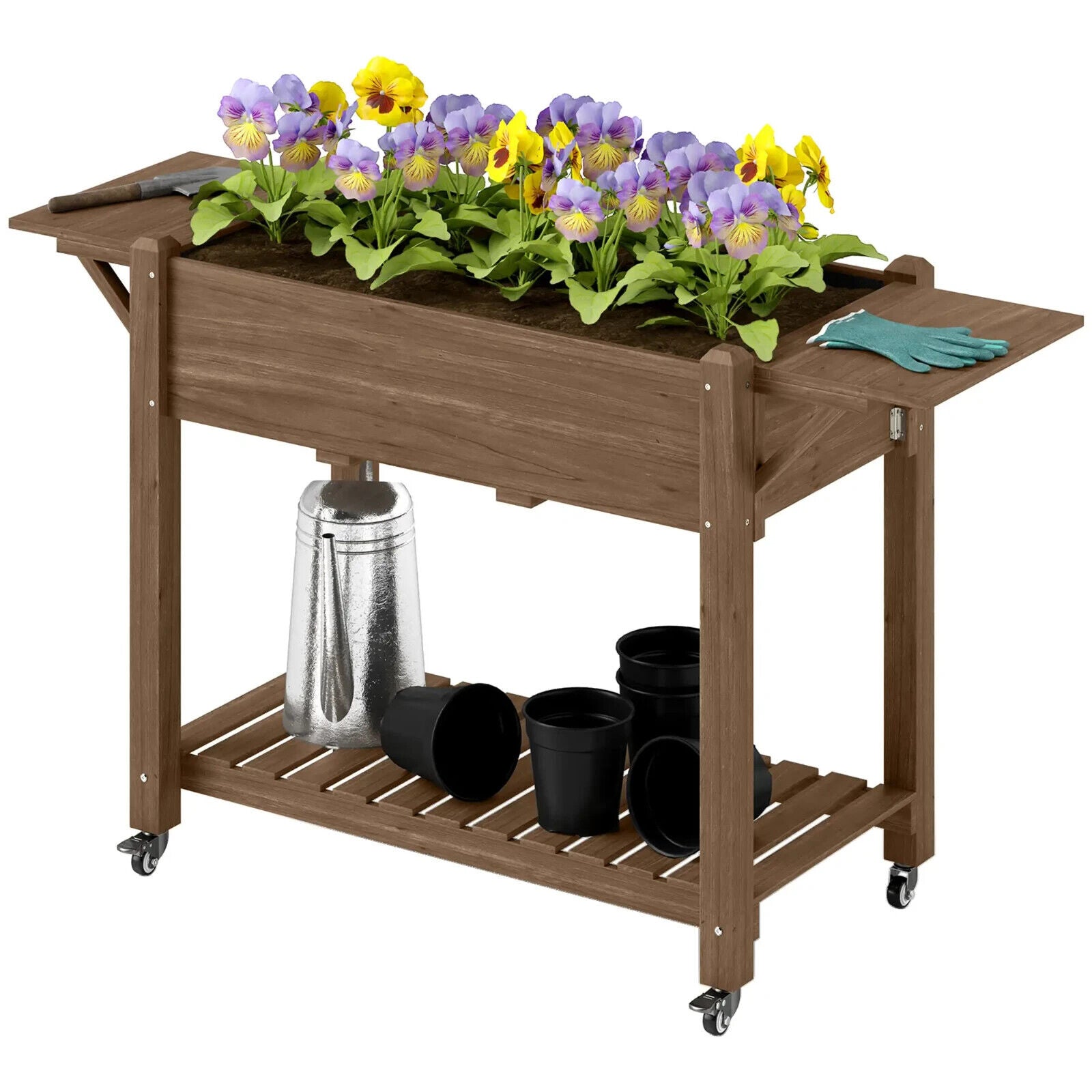 Wooden Raised Garden Bed Mobile Planter Box With Wheels Shelf And Side Tables - Home and Garden Furniture Shop - #rustic - furniture#