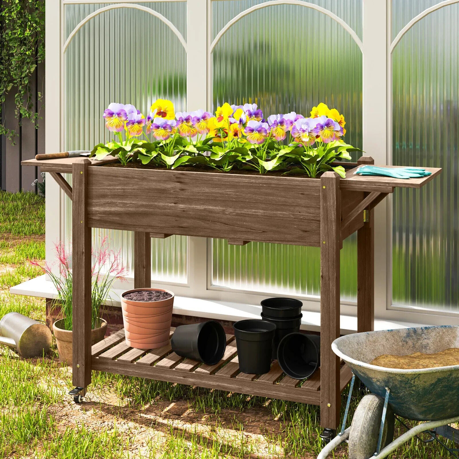Wooden Raised Garden Bed Mobile Planter Box With Wheels Shelf And Side Tables - Home and Garden Furniture Shop - #rustic - furniture#