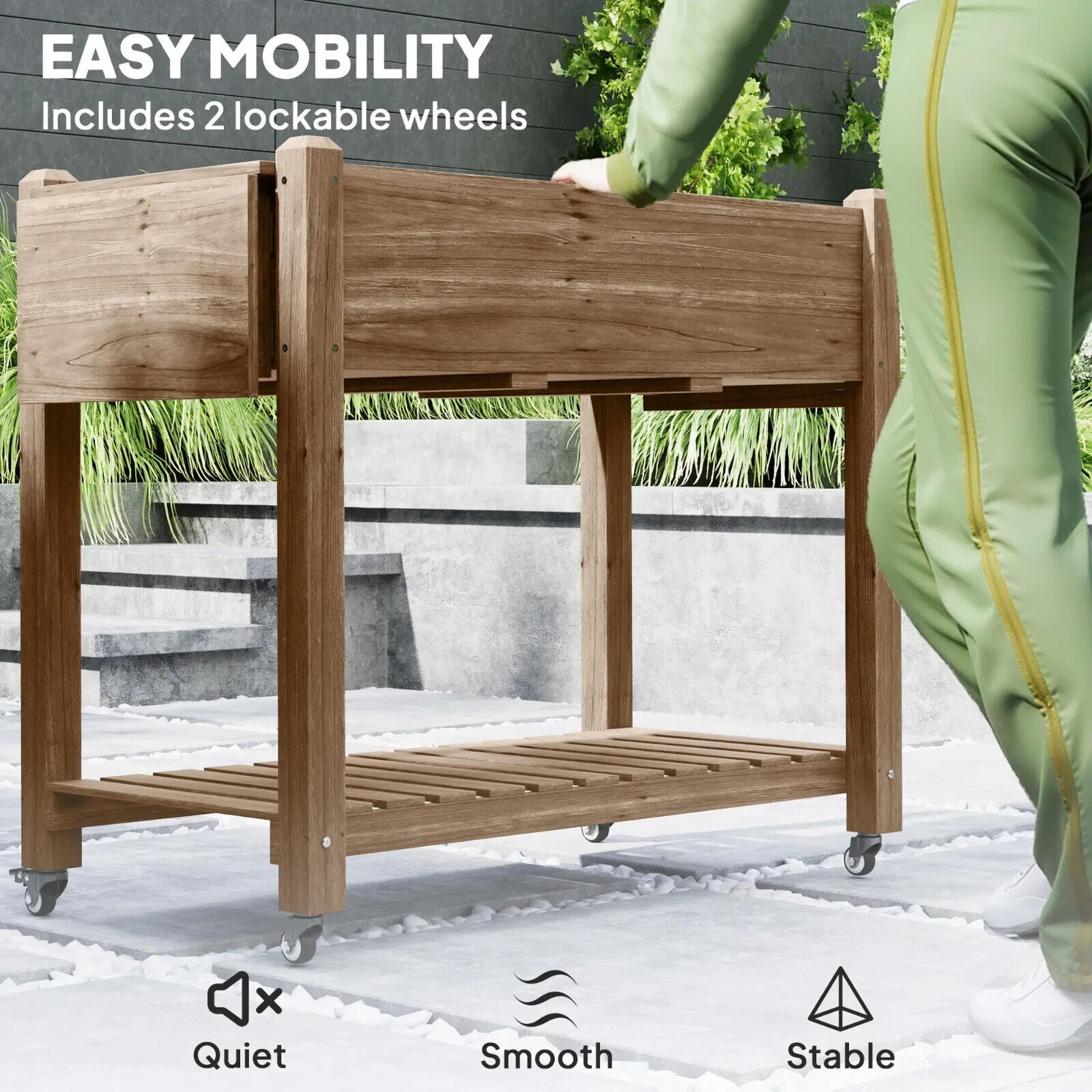 Wooden Raised Garden Bed Mobile Planter Box With Wheels Shelf And Side Tables - Home and Garden Furniture Shop - #rustic - furniture#