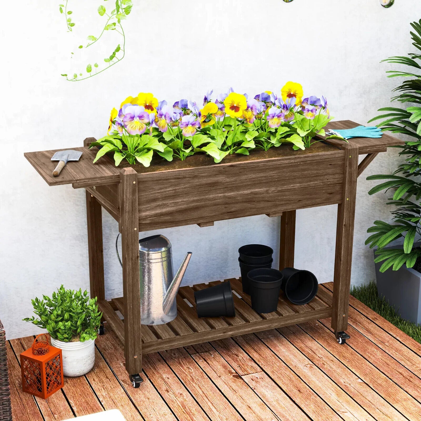 Wooden Raised Garden Bed Mobile Planter Box With Wheels Shelf And Side Tables - Home and Garden Furniture Shop - #rustic - furniture#