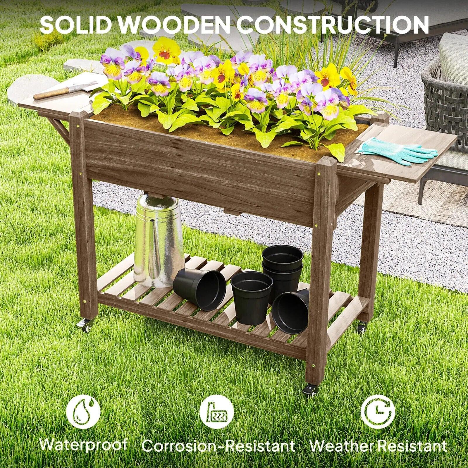 Wooden Raised Garden Bed Mobile Planter Box With Wheels Shelf And Side Tables - Home and Garden Furniture Shop - #rustic - furniture#