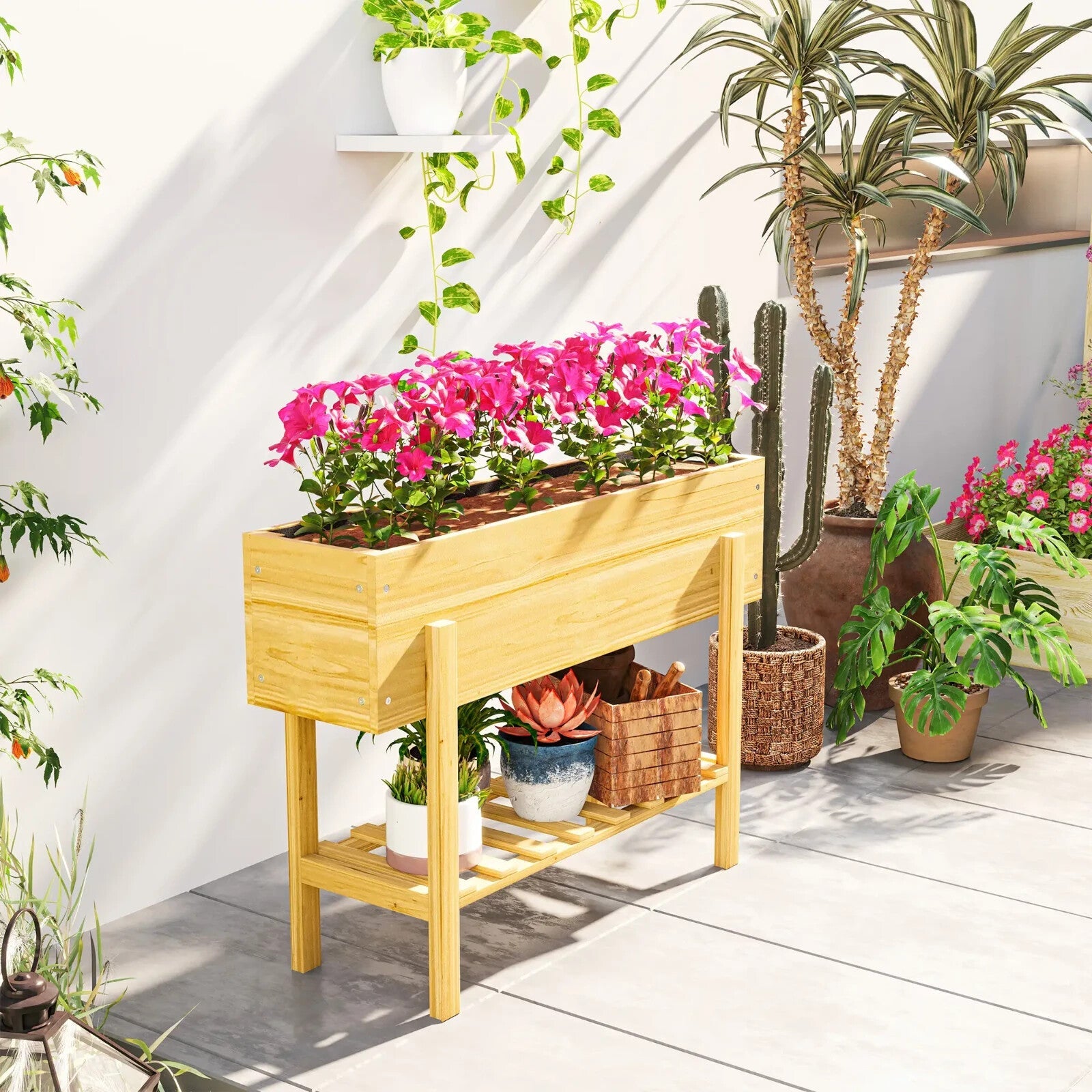 Wooden Raised Garden Bed Outdoor Elevated Planter Box With Liner Storage Shelf - Home and Garden Furniture Shop - rustic - furniture