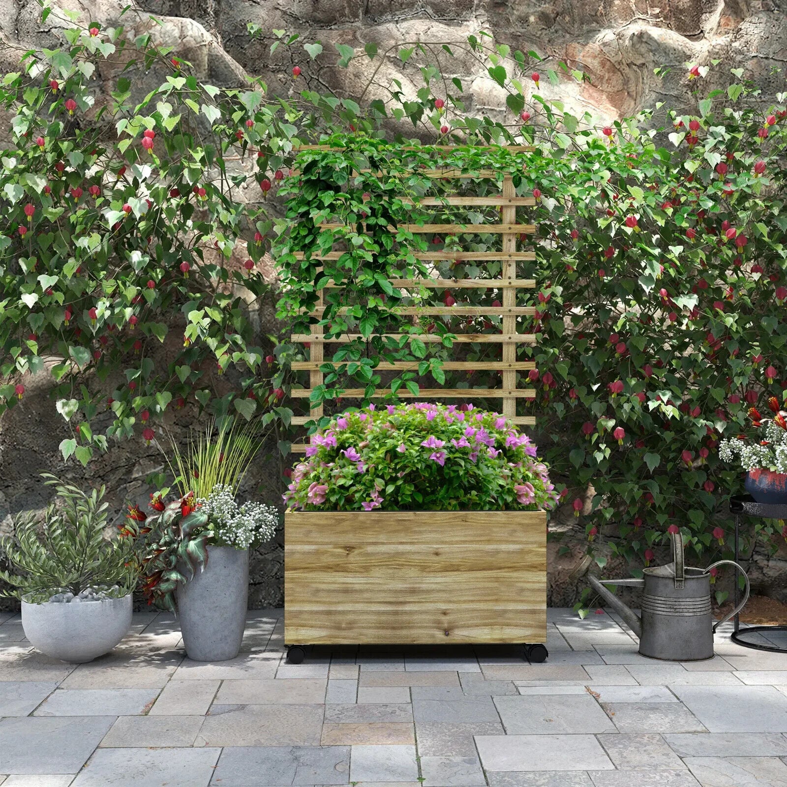 Wooden Raised Garden Bed with Trellis & Wheels – Natural Finish, 76x30x155cm - Home and Garden Furniture Shop - #rustic - furniture#